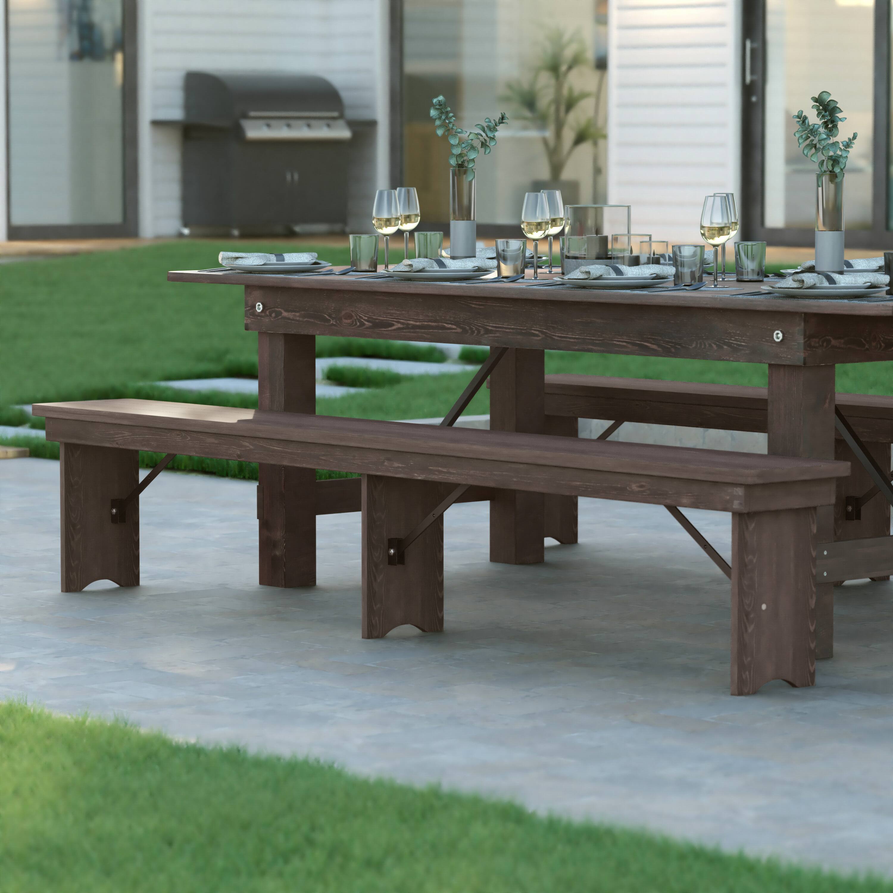 Alt View 4. Emma + Oliver - 8' x 12" Antique Rustic Solid Pine Folding Farm Bench - Portable Bench - Mahogany.