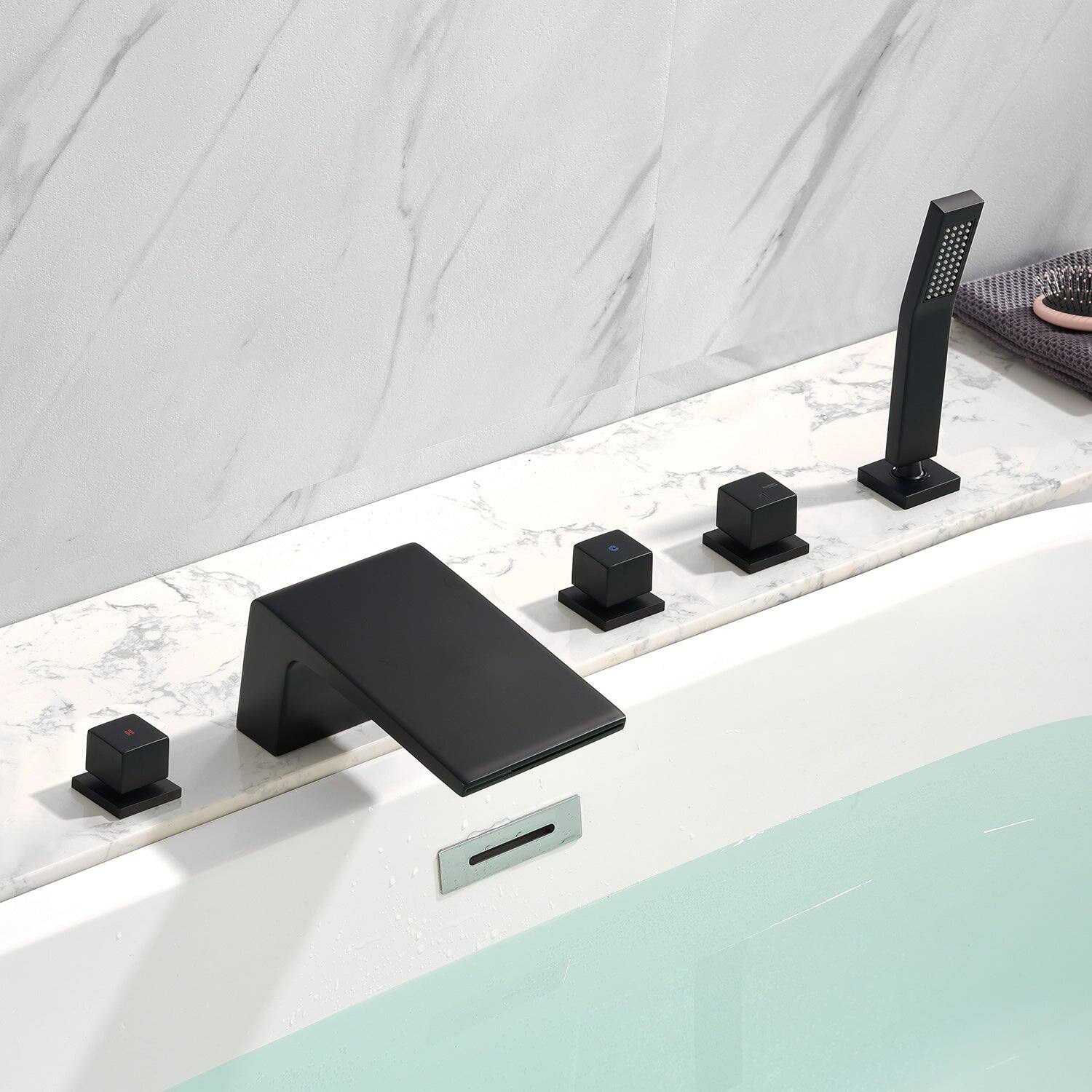 Alt View 9. Boyel Living - 4.72 in.W Black Sloped Bathtub Hot and Cold Water Faucet with Handheld Shower and Waterfall Outlet 5-Hole - Matte Black.