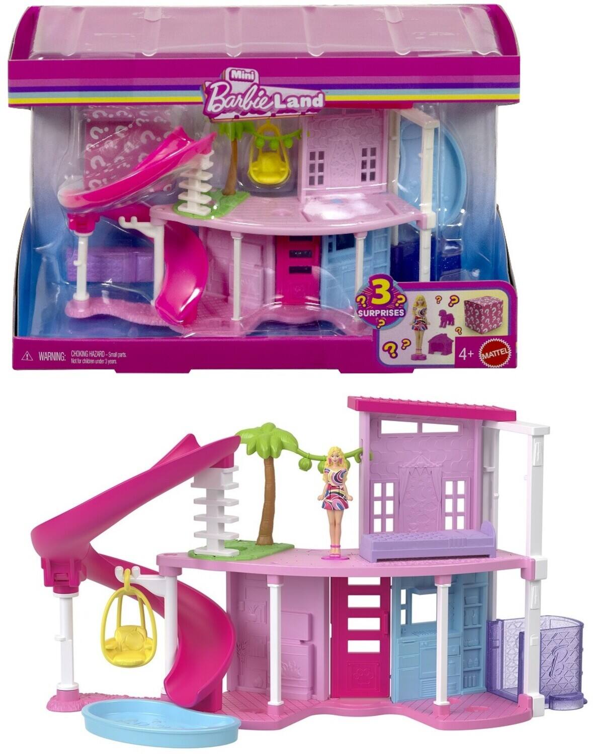 Mini Barbie Land  
WARNING: CHOKING HAZARD - Small parts. Not for children under 3 years.  
3 SURPRISES  
4+  
MATTEL