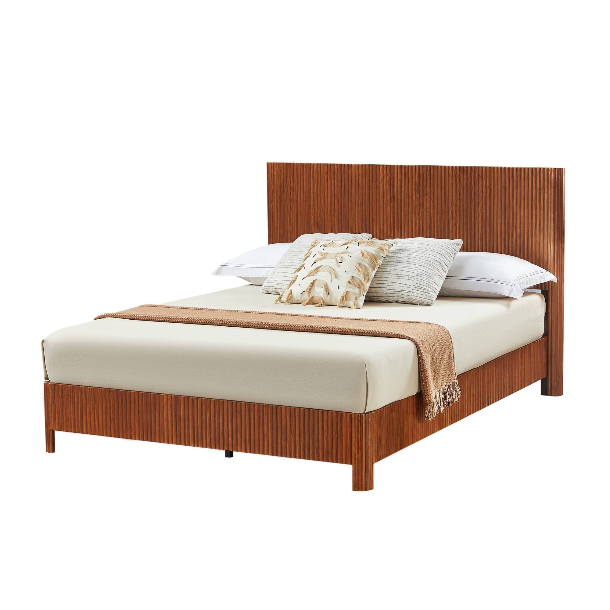 Alt View 7. GOODSILO - Queen Size Curved Wood Accent Platform Bed Frame with Rustic Corrugated Design and Heavy Duty Metal Support - Walnut.