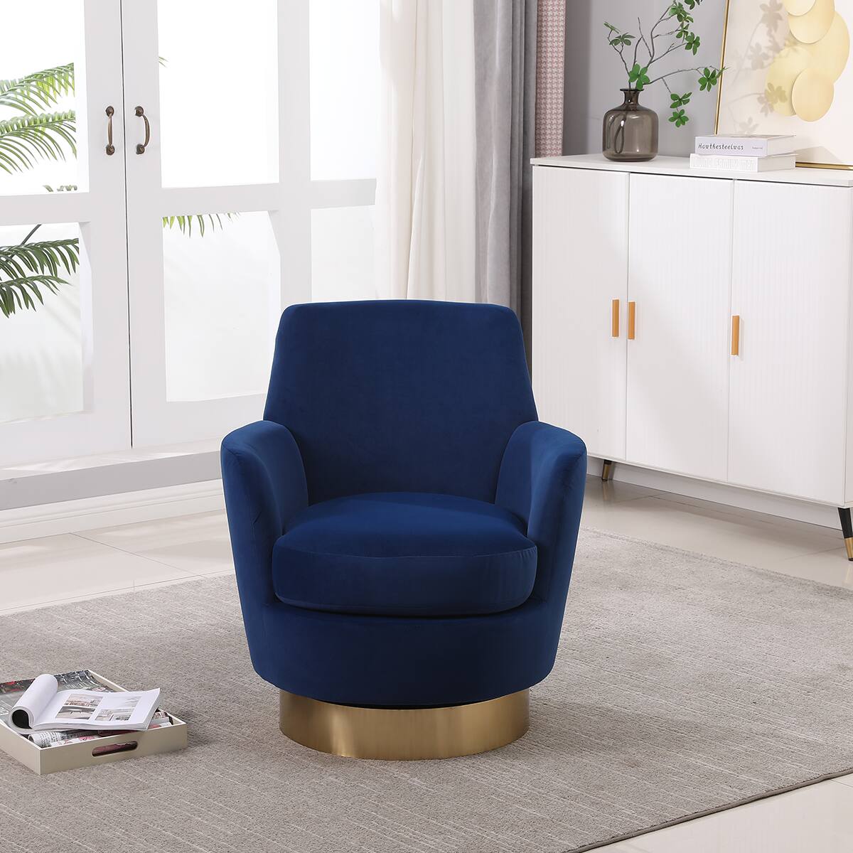 Left. Trinkets Crazed - Swivel Barrel Chair,Modern Comfy Velvet Upholstered Round Swivel Accent Chairst,360 Degree Single Sofa Chair Armchair - Navy.