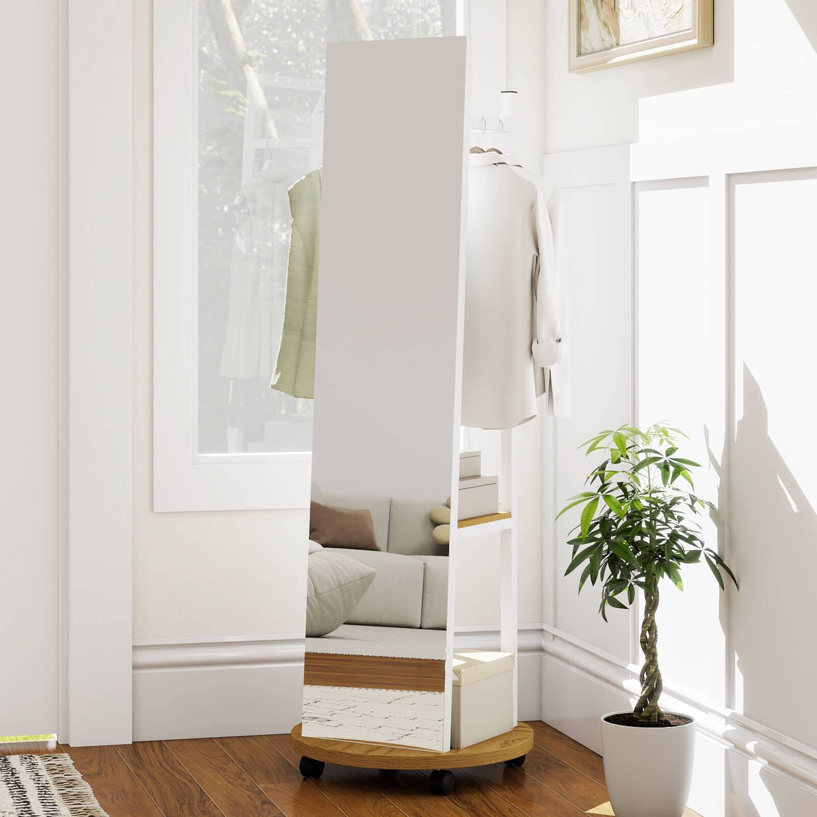 Alt View 1. Costway - Costway Coat Rack with Full Length Mirror, 3 Hooks & Storage Shelves, 360° Swivel Wheels - White,Natural.