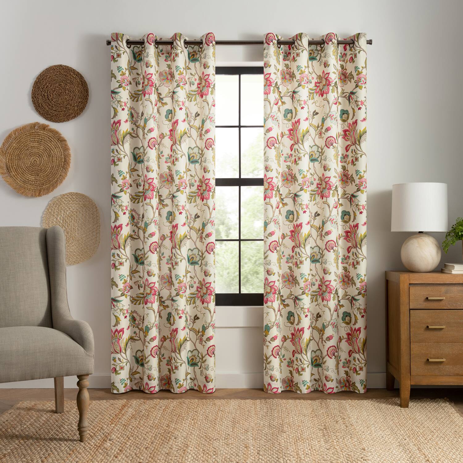 Angle. Ellis Curtain - ELLIS 100% Polyester Brissac Colrful Jacobean Pattern Grommet Panel Lined 50" x 63" Red - Red.