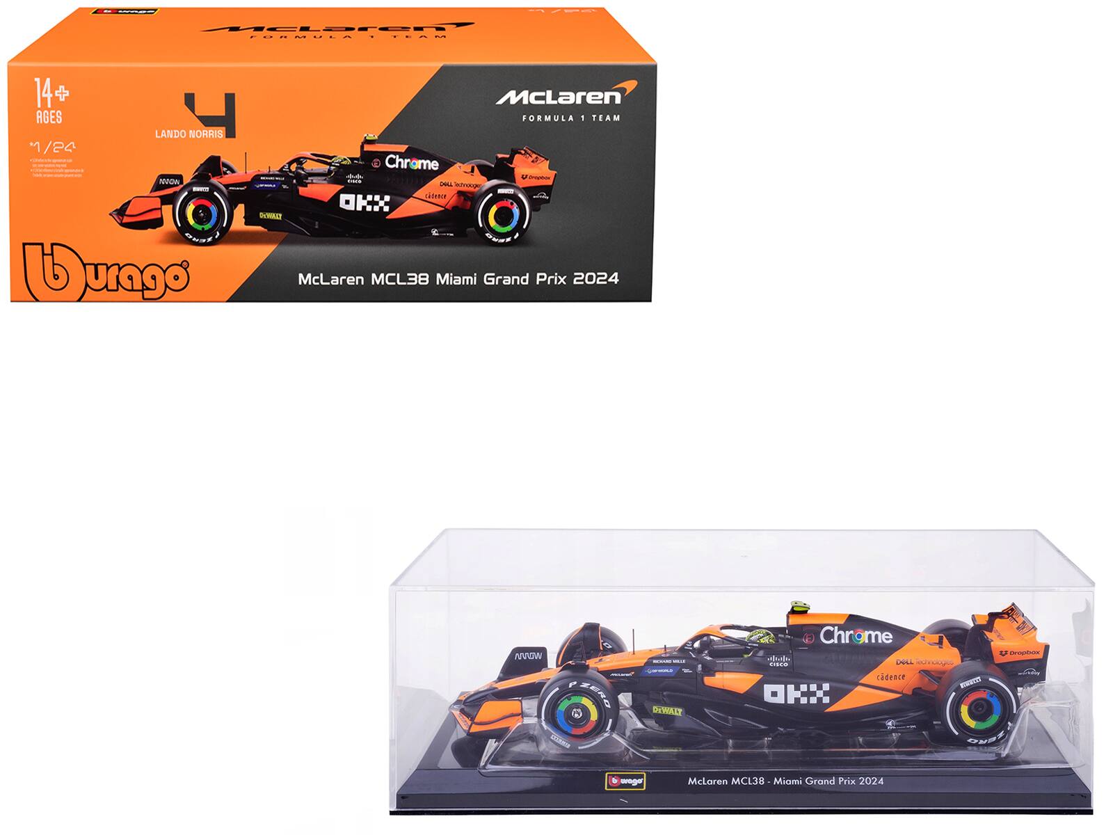 Bburago - McLaren MCL38 #4 Lando Norris "OKX" Winner Formula One F1 "Miami GP" (2024) with Display Case 1/24 Diecast - Black & Orange
