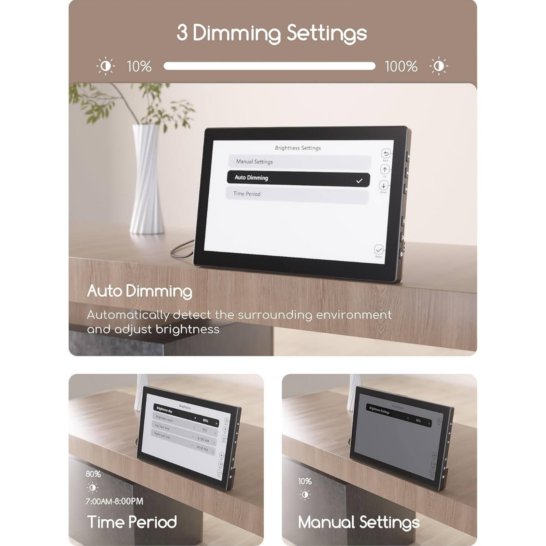 3 Dimming Settings

10% 100%

Auto Dimming
Automatically detect the surrounding environment and adjust brightness

Time Period
7:00AM-8:00PM

Manual Settings