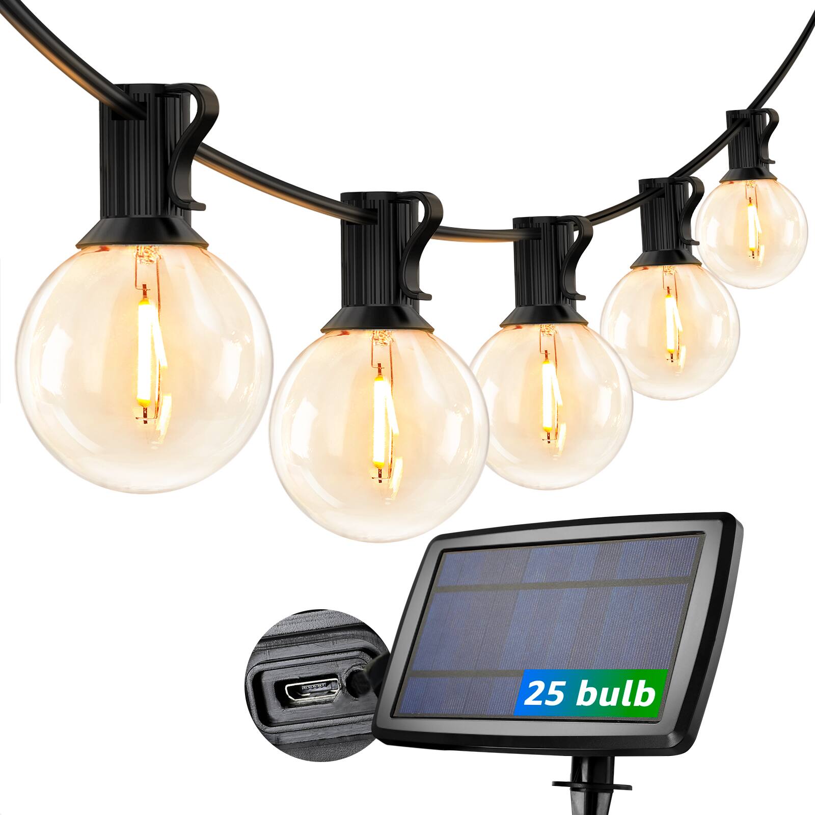 Front. Lepro - 25ft Solar/USB Rechargable Dusk-to-Dawn Outdoor String Lights, 26 LED G40 Bulbs, for Porch Backyard Pool Party Garden.