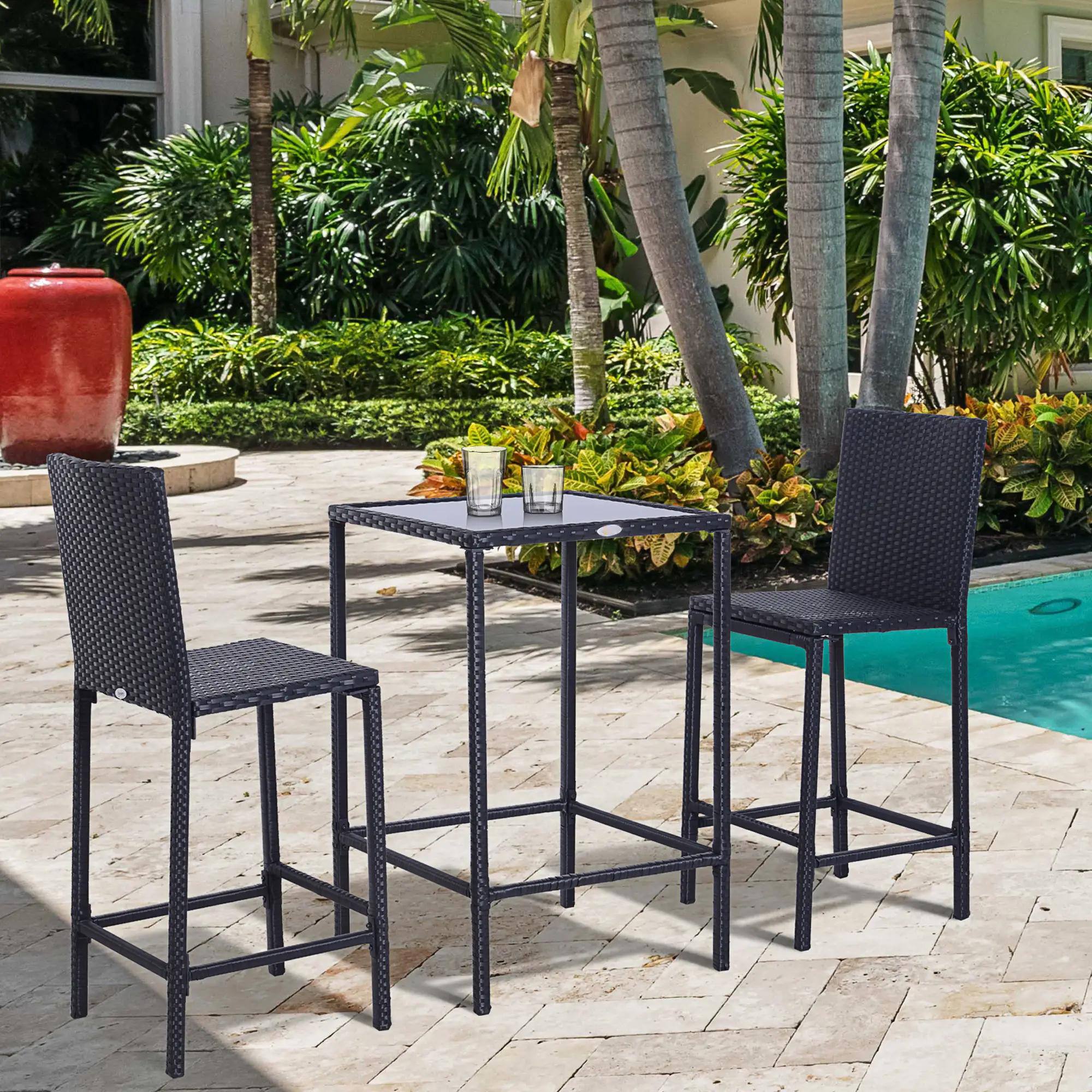 Angle. Spaco - Spaco 3pcs Rattan Bar Set with Glass Top Table, 2 Bar Stools for Outdoor - Black.