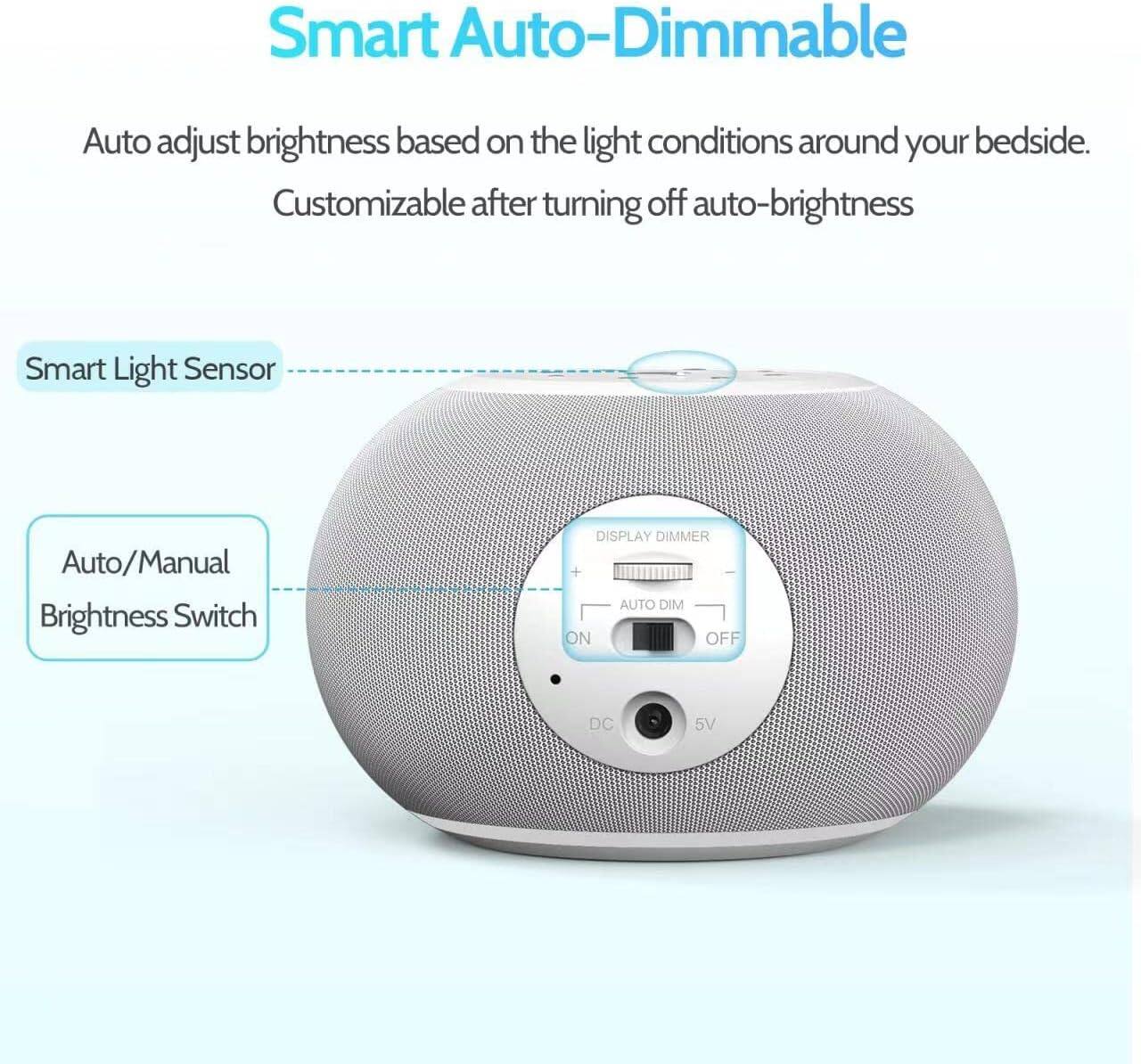 Smart Auto-Dimmable

Auto adjust brightness based on the light conditions around your bedside. Customizable after turning off auto-brightness

Smart Light Sensor

Auto/Manual Brightness Switch

DISPLAY DIMMER
AUTO DIM
ON OFF

DC 5V