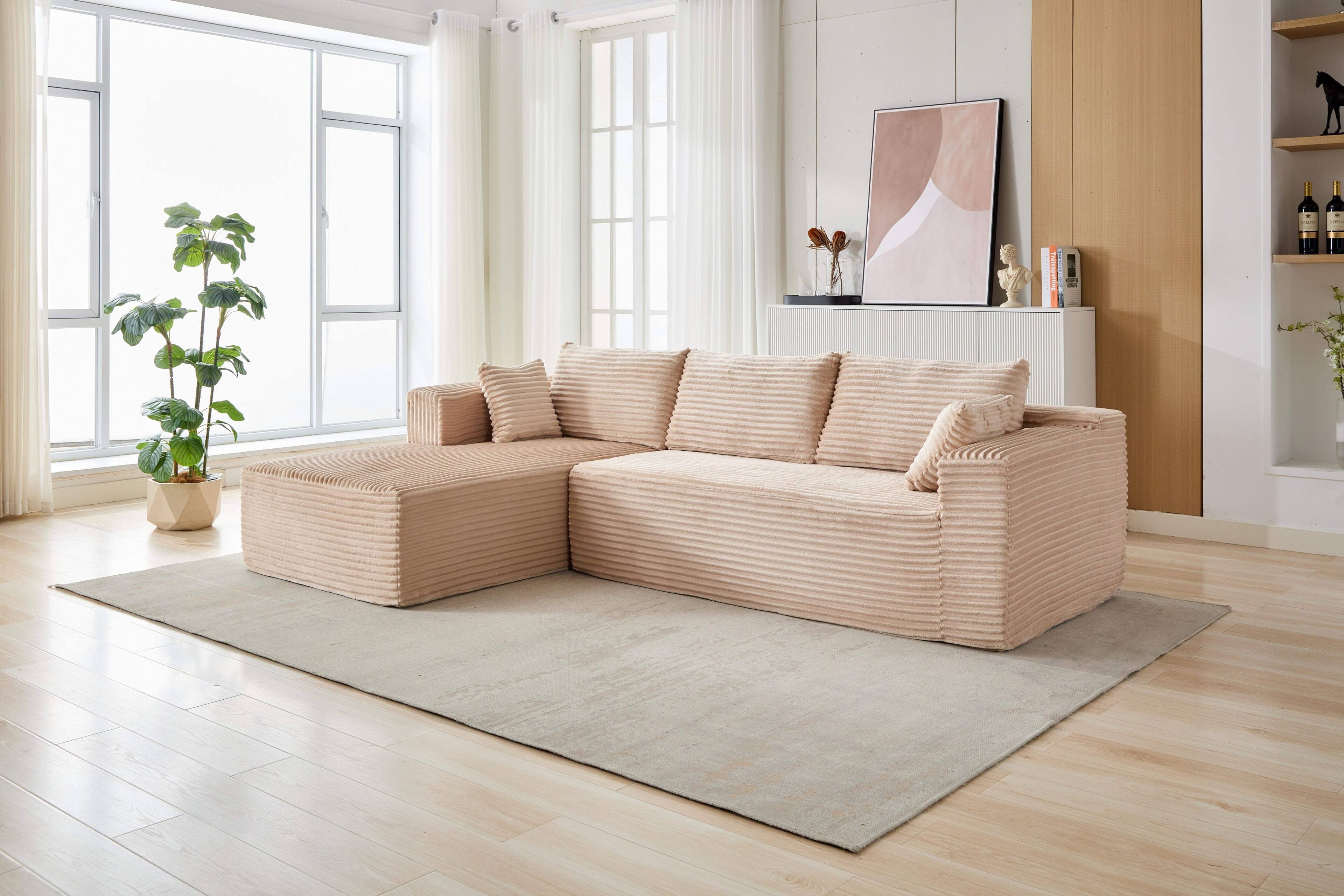Angle. Roomtec - Compression Sectional Couch with Comfy Chaise Boneless L Shape Sofa with Deep Seat Minimalist Modular Couches Sleeper - Pink.