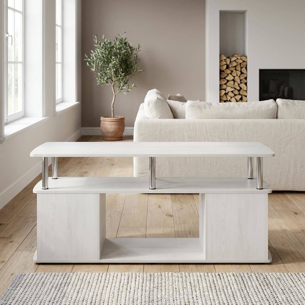 Left. FurniFact - White Oak Coffee Table with Stainless Steel Tubes and Utility Design - White Oak, Stainless Steel.