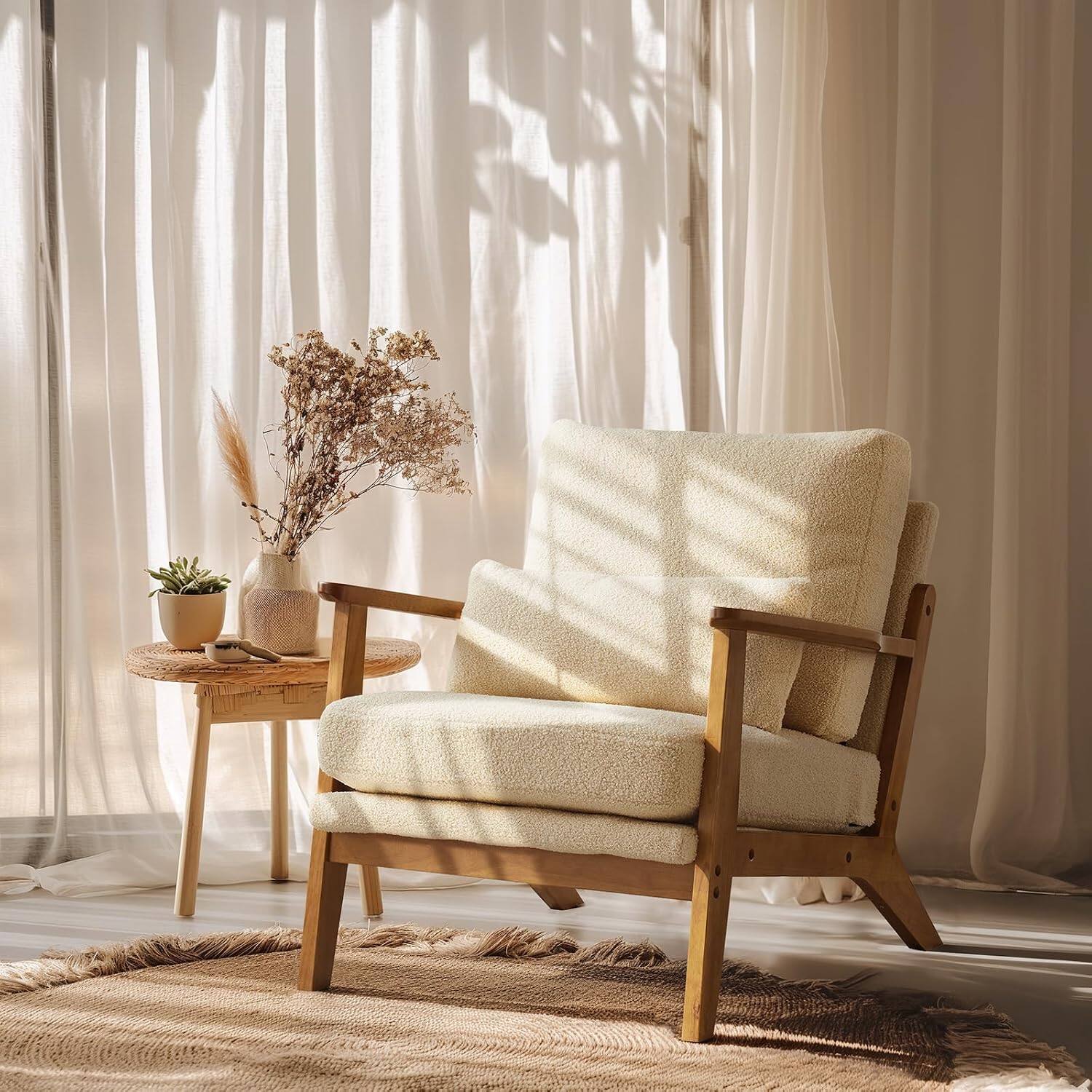 Alt View 8. Winado - Solid Wood Wide Armrests Accent Mid Century Modern Chair,Upholstered with Pillow,Reading Chair for Living Room,Bedroom - Teddy Fleece-Khaki.