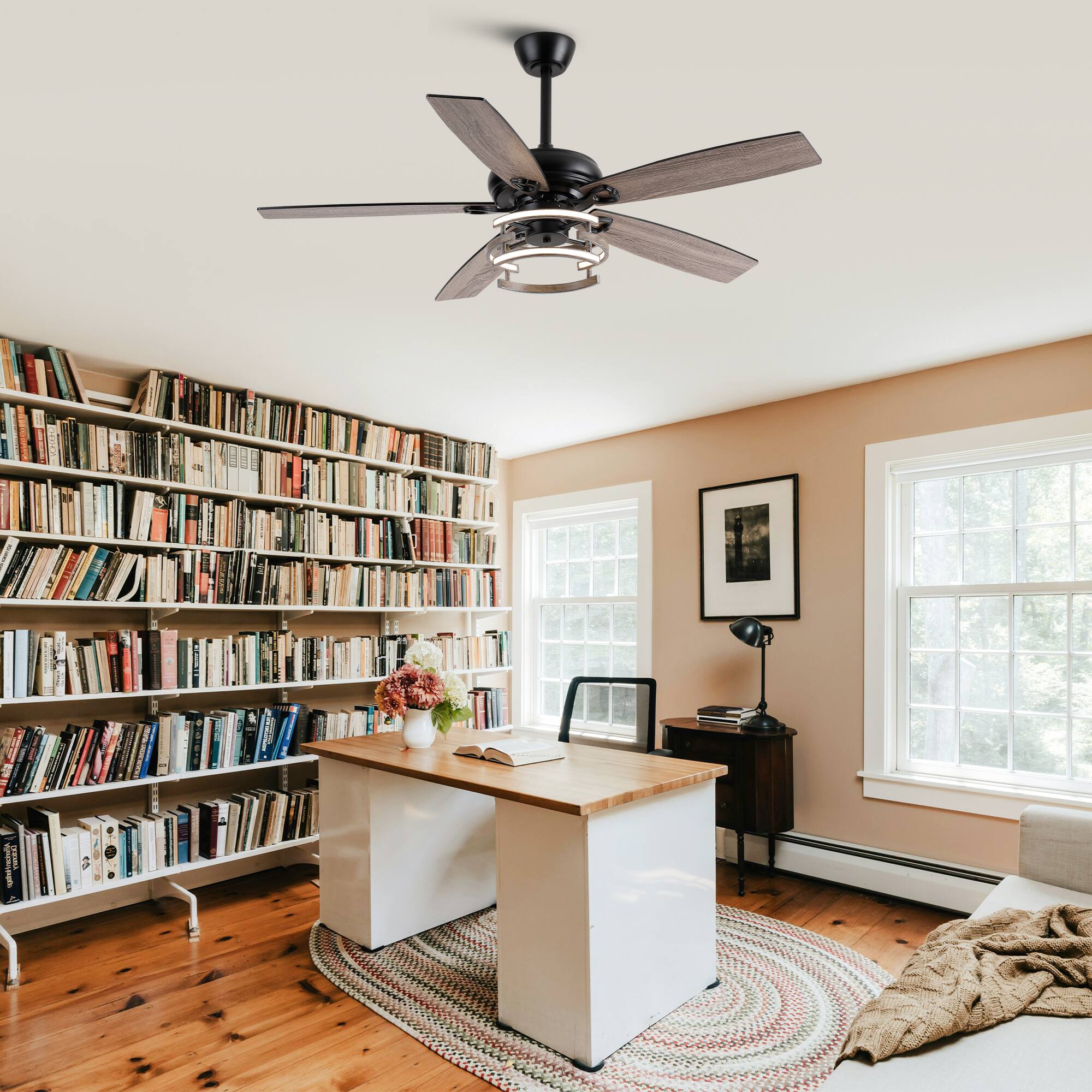 Alt View 1. Parrot Uncle - 52" Farmhouse Reversible Blades Dimmable LED Strip Ceiling Fan with Remote and Light - Matte Black.