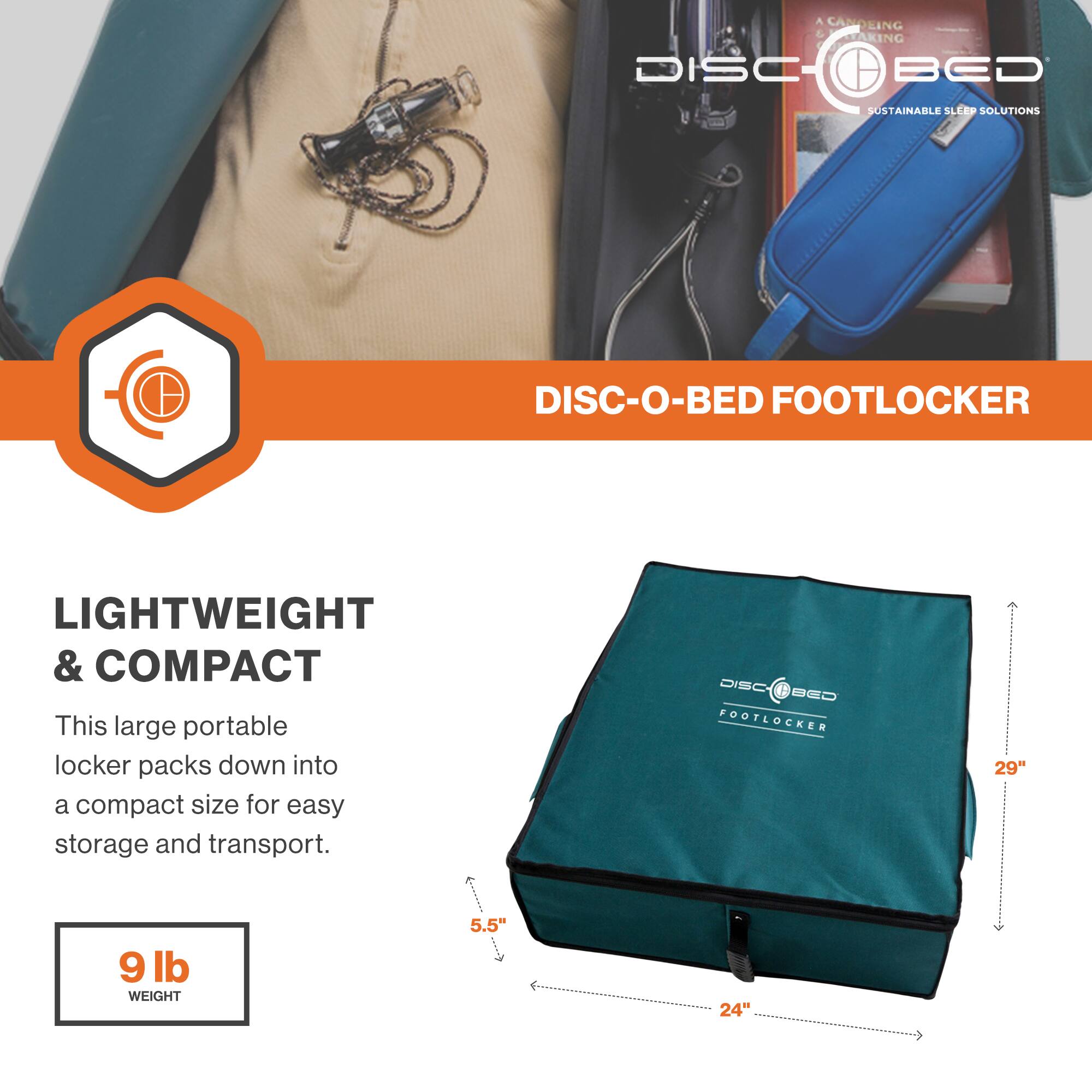 A camping aking disc- bed sustainable sleep 4 solutions disc-o-bed footlocker lightweight & compact. This large portable locker packs down into a compact size for easy storage and transport. 5.5" 9 lb weight discabed disc sed footlocker 24" 29"