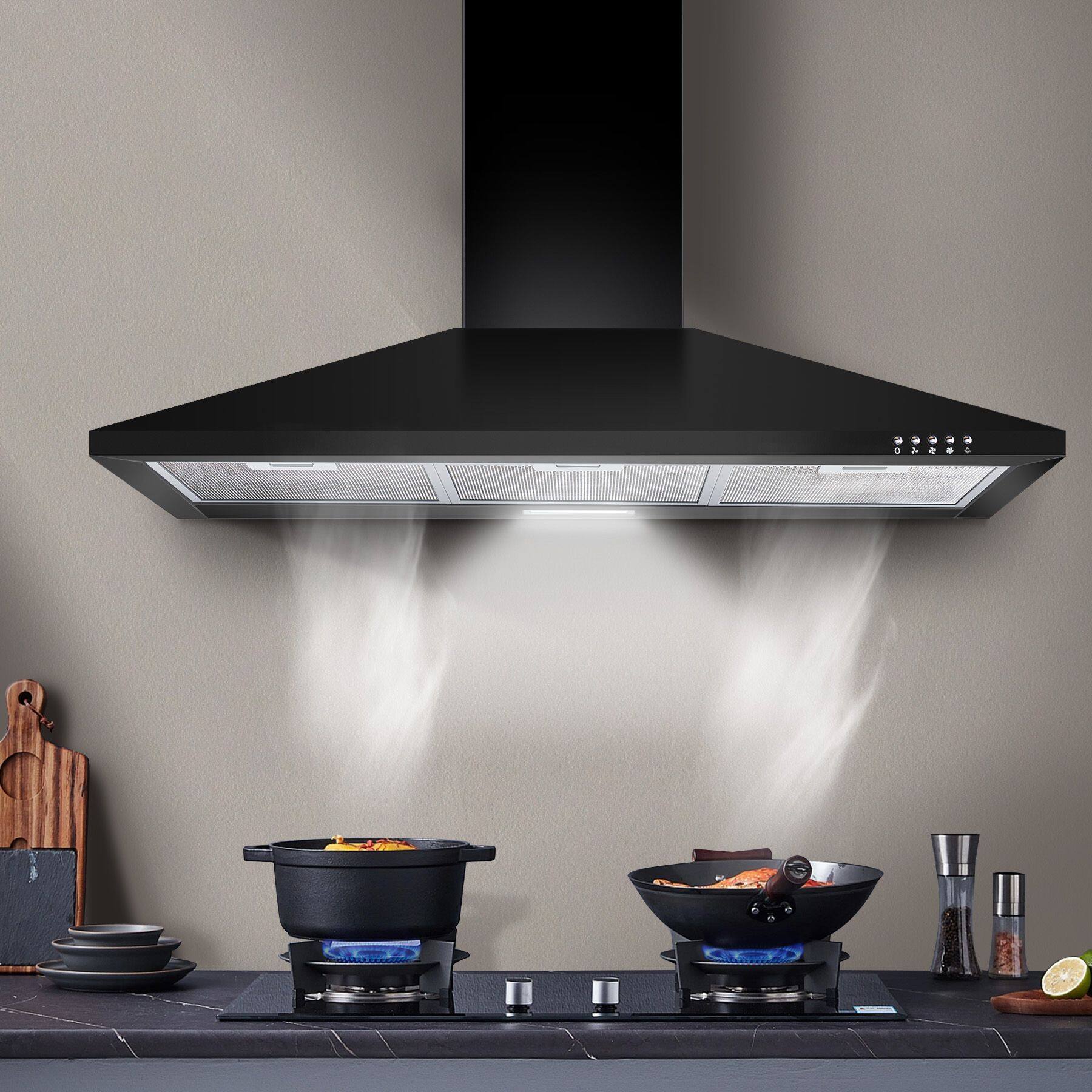 Back. Lycvki - 36 Inch Wall Mount Range Hood 450 CFM Convertible Aluminum Filters 3 Speed LED Button - Black.