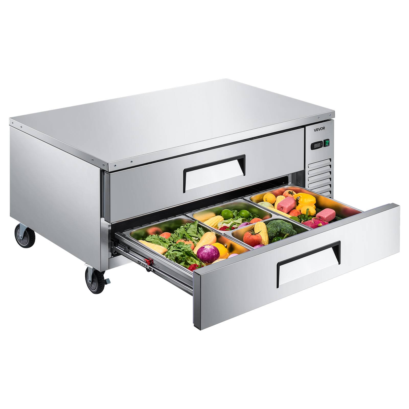 Front. VEVOR - Chef Base Refrigerator, 52" W Commercial Chef Bases Worktop Refrigerators, 2-Drawer Under Counter Fridge with 8 Pans - Silver.