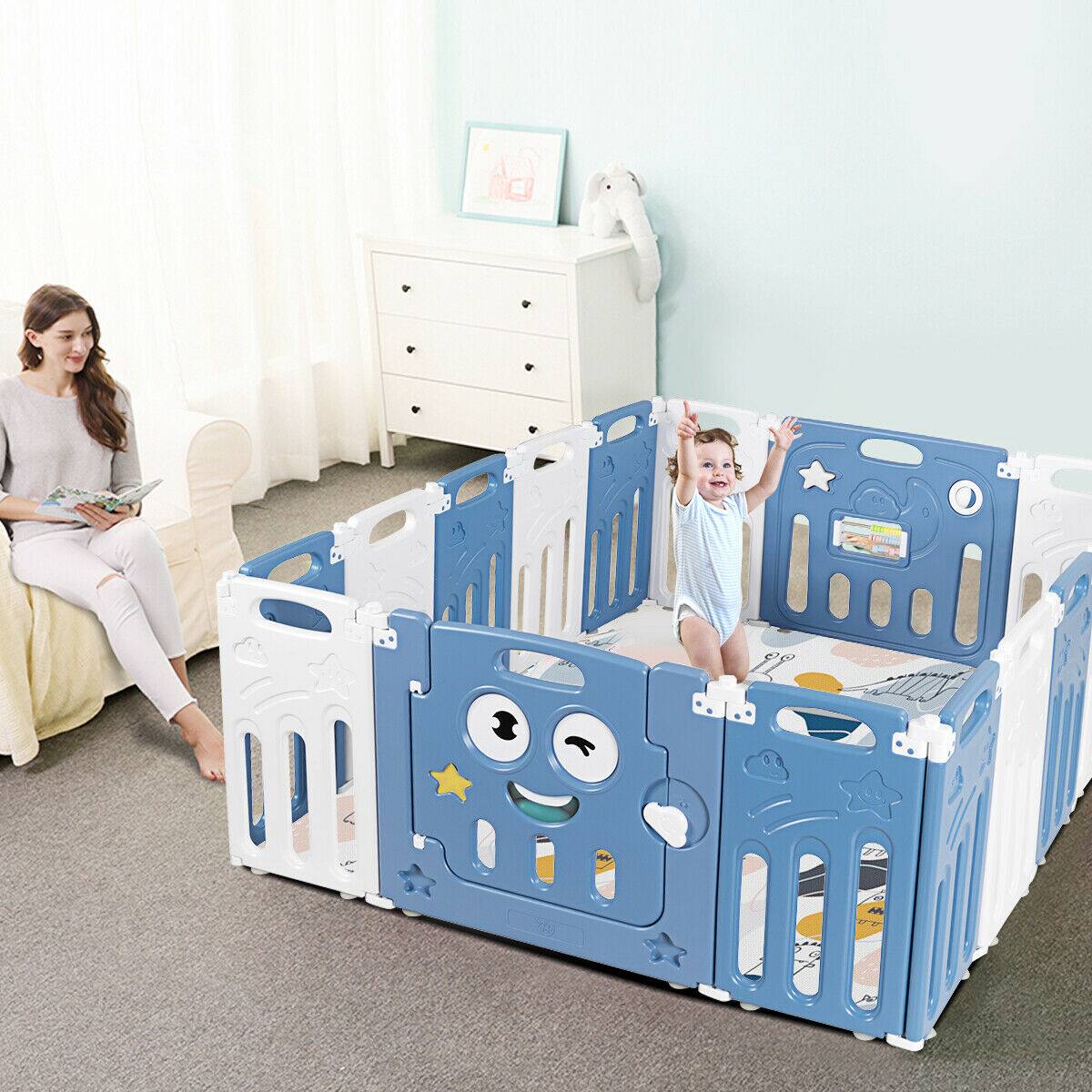 Alt View 3. Gymax - Gymax 16-Panel Foldable Baby Playpen Kids Activity Centre w/ Lock Door & Rubber Mats - Blue.