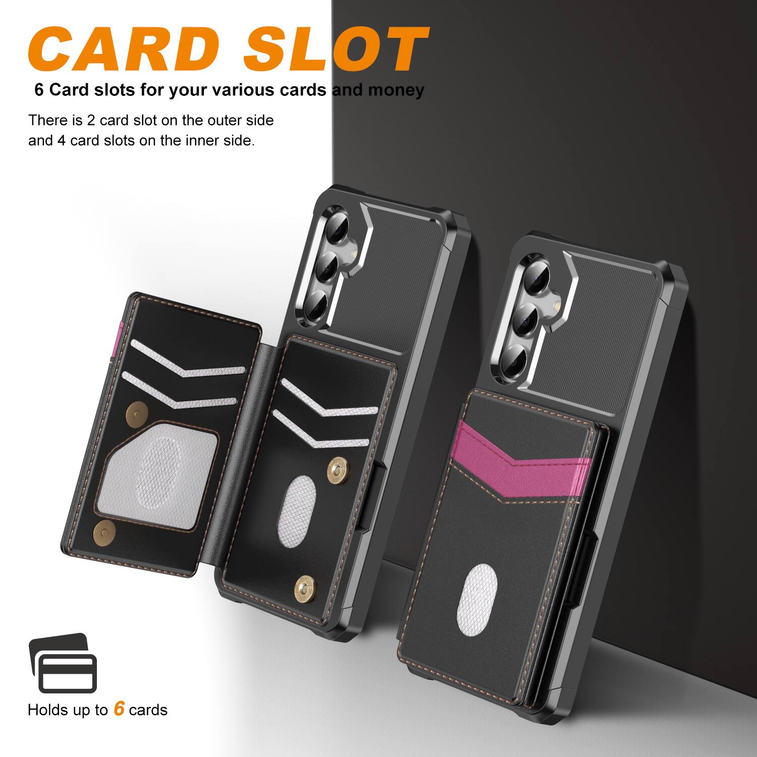 CARD SLOT  
6 Card slots for your various cards and money  
There is 2 card slot on the outer side and 4 card slots on the inner side.  
Holds up to 6 cards
