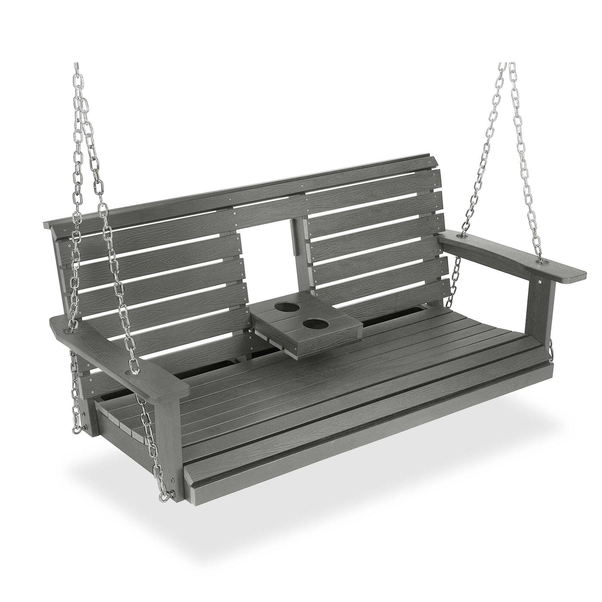 Fortune Candy - HIPS Poly Lumber 3-Seat Porch Swing, 5ft Bench Swing with Foldable Cup Holders for Porch Yard Garden - Deep Gray