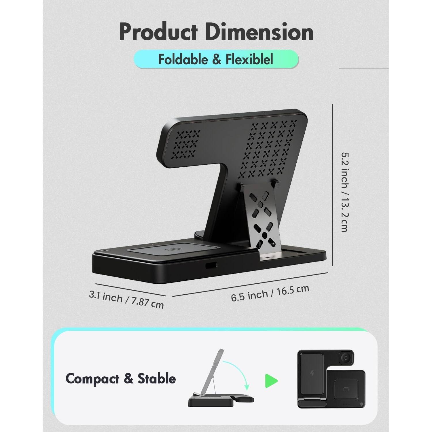 Product Dimension, Foldable & Flexible, 5.2 inch / 13.2 cm, 3.1 inch / 7.87 cm, 6.5 inch / 16.5 cm, Compact & Stable