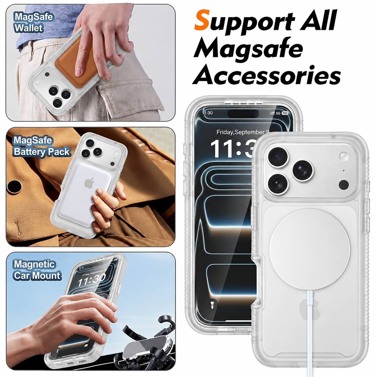 MagSafe Wallet  
Support All MagSafe Accessories  

11:30  
SG 100  
MagSafe Battery Pack  
Friday, September 9 11:30  
ST Magnetic Car Mount Friday September 11:30