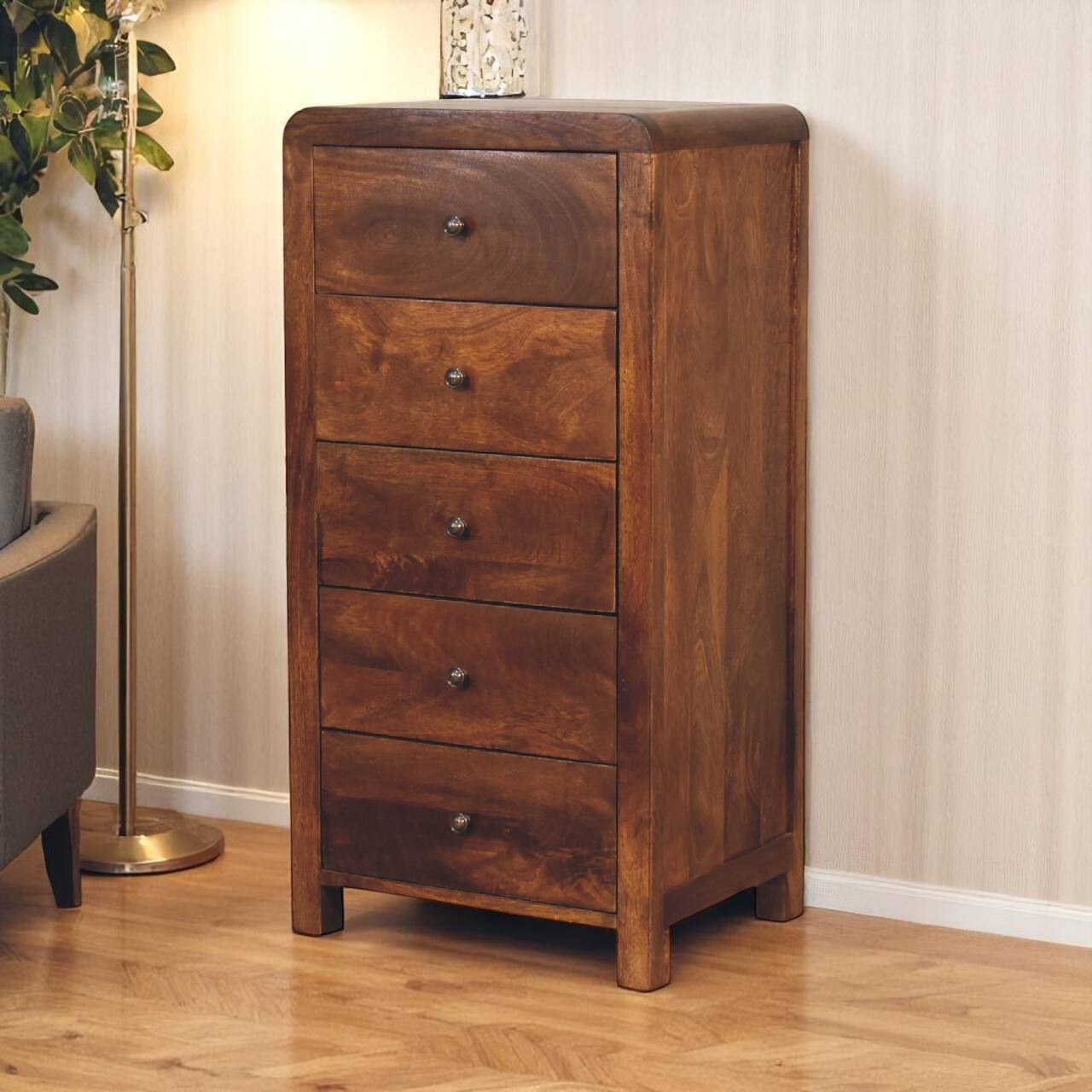 Angle. Artisan Furniture - Artisan Furniture Solid Wood Aspen Tallboy, 5 Drawers, Dark Brown - Dark Brown.