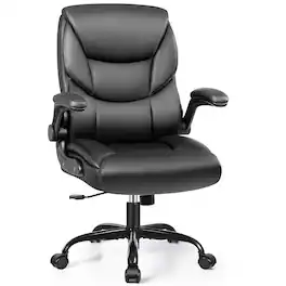 KERDOM - PU Leather Ergonomic Home Desk Chair, Tilt Small Computer Chair Adjustable Height, Rolling Swivel & Flip-Up Padded Arms - Black