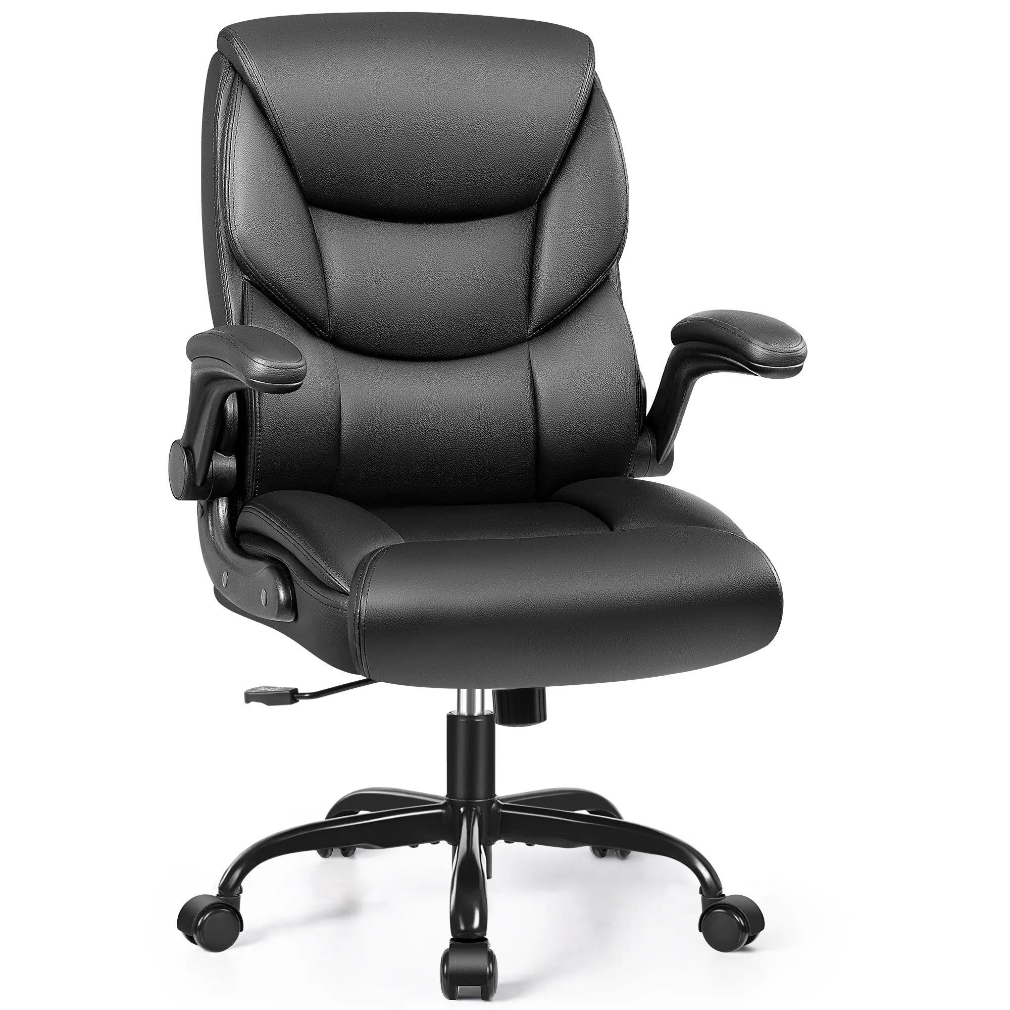 Front. KERDOM - PU Leather Ergonomic Home Desk Chair, Tilt Small Computer Chair Adjustable Height, Rolling Swivel & Flip-Up Padded Arms - Black.
