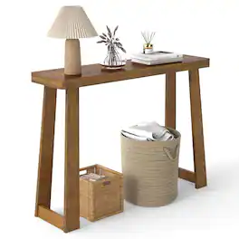 Costway - 43-Inch Console Table, Narrow Long Rubberwood Table Behind the Couch for Hallway - Walnut