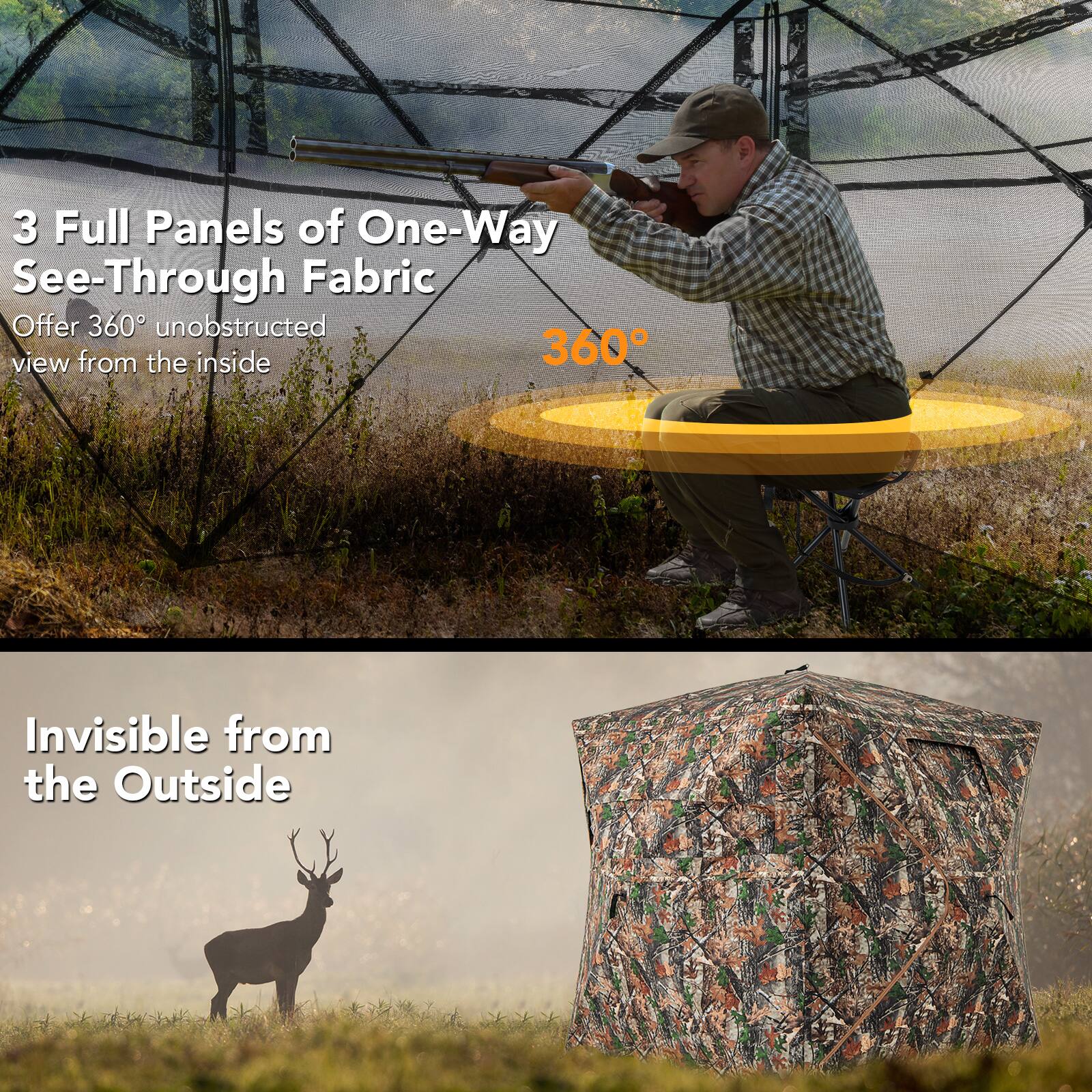 3 Full Panels of One-Way See-Through Fabric  
Offer 360° unobstructed view from the inside  

360°  

Invisible from the Outside