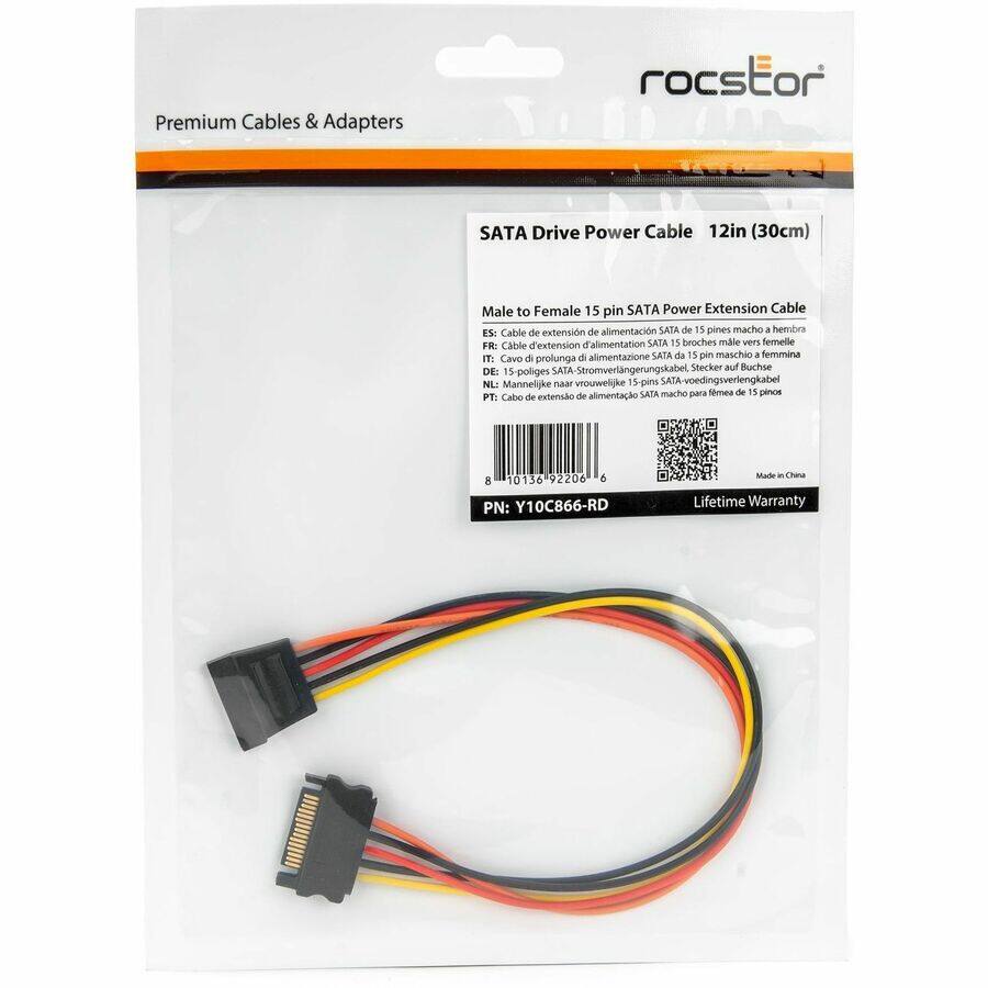 Premium Cables & Adapters

roctstor

SATA Drive Power Cable 12in (30cm)

Male to Female 15 pin SATA Power Extension Cable

- ES: Cable de extensión de alimentación SATA de 15 pines macho a hembra
- FR: Cable d'extension d'alimentation SATA 15 broches male vers femelle
- IT: Cavo di prolunga di alimentazione SATA da 15 pin maschio a femmina
- DE: 15-poliges SATA-Stromverlängerungskabel, Stecker auf Buchse
- NL: Manuele SATA voedingsverlengkabel, 15 pinnen
- PT: Cabo de extensão de alimentação SATA macho para fêmea de 15 pinos

PN: Y10C866-RD

Lifetime Warranty

Made in China
