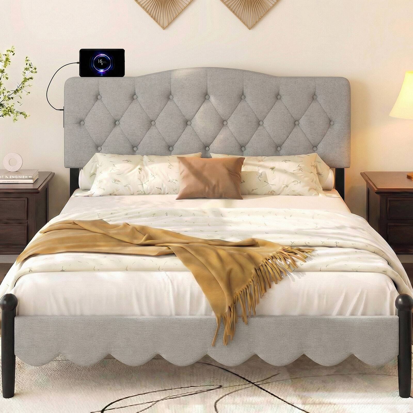 Alt View 1. Gymax - Gymax Headboard for Queen & Full Size Bed Tufted Upholstered Head Board w/2AC Outlets Gray - Grey.