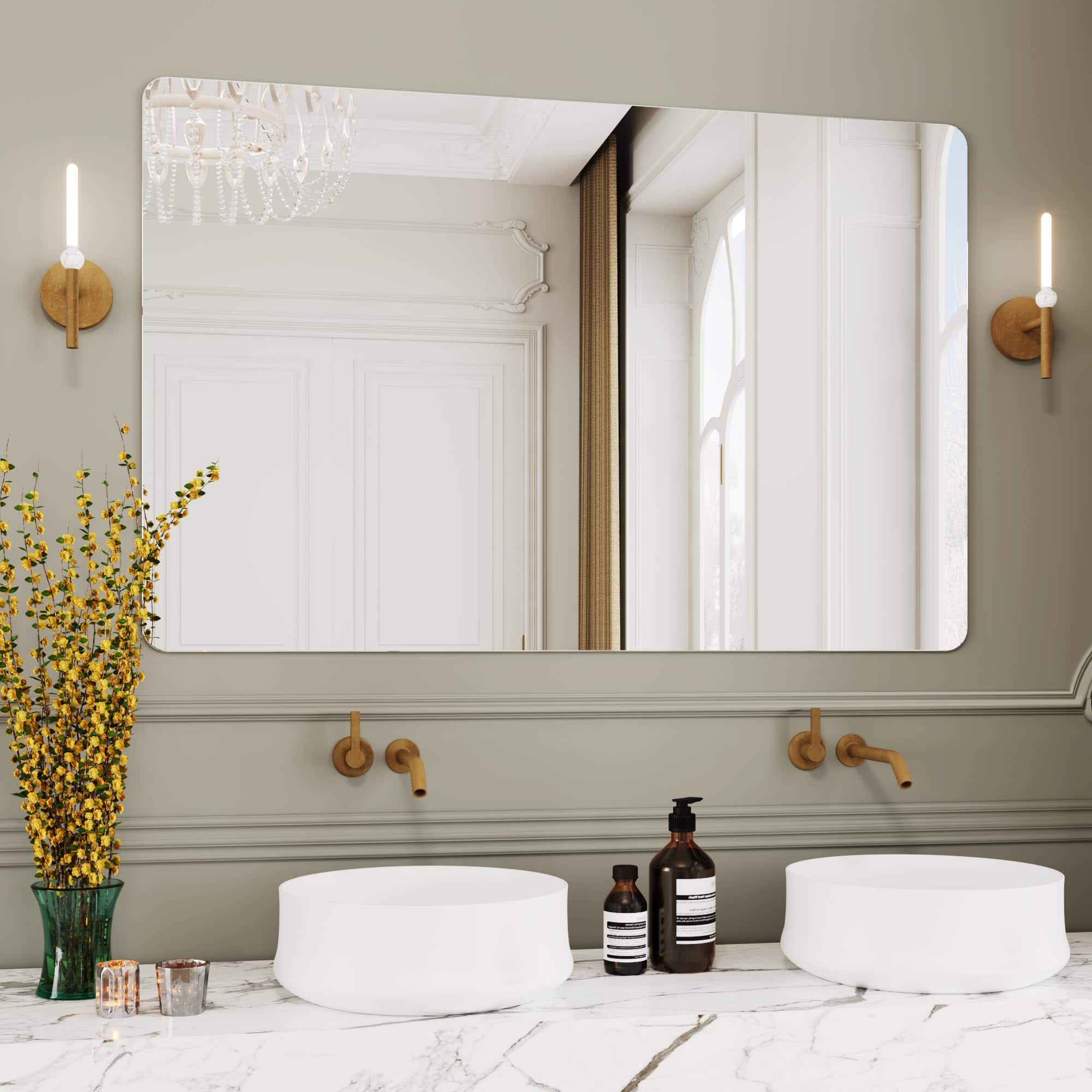 Cedar Assembly - 30x30 Frameless Mirror Bathroom Vanity Nano Glass Square Mirrors For Wall Beveled Restroom Espejo Para Bano - Frameless-55"L x 36"W