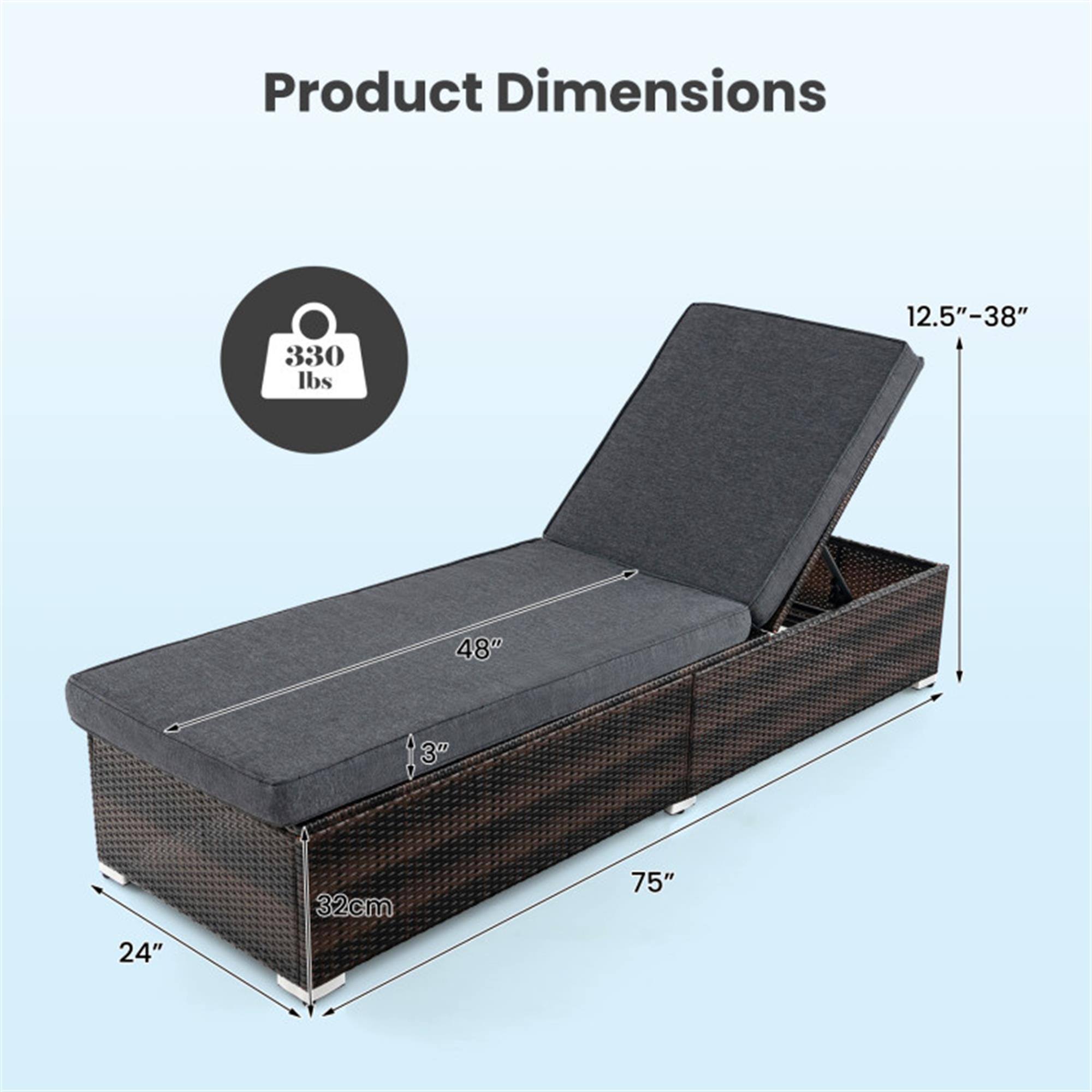 Product Dimensions

- Weight: 330 lbs
- Height: 12.5" - 38"
- Length: 75"
- Width: 48"
- Depth: 24"
- Side Height: 3"
- Side Depth: 3"
- Front Height: 32 cm