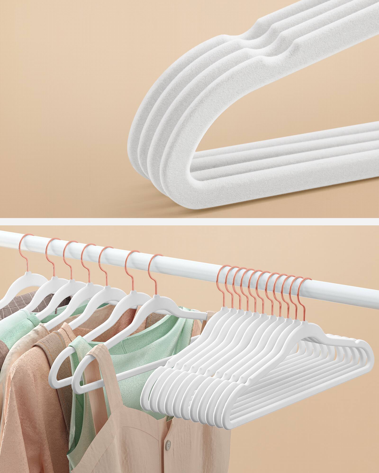 Left. Songmics Home - Velvet Hangers 50 Pack, Non-Slip Hangers with Rose Gold-Colored Swivel Hooks, Slim Space-Saving Hangers, Velvet Hangers - Cloud White.