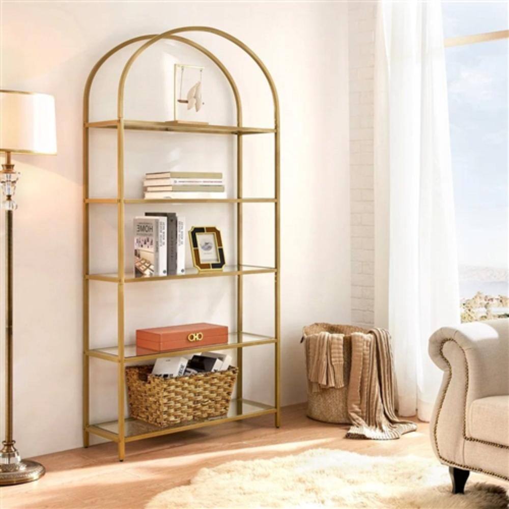 Left. Hivvago - Modern Gold Metal Arched Top Display Rack Bookcase with 5 Glass Storage Shelves - Gold.