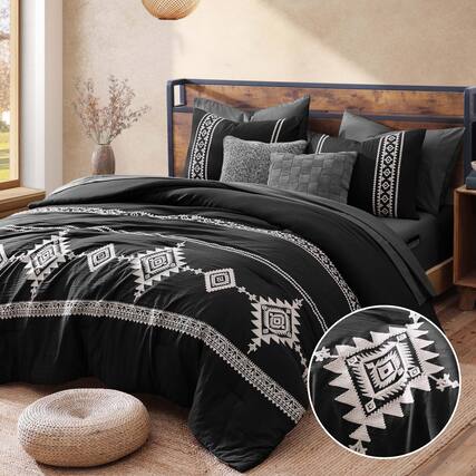 Front. PO3TICJUNKI3 - Embroidery Comforters Set 7 Pieces Farmhouse Western Bedding All Season Bed In A Bag Boho Comforter With - Charcoal Black-Oversized Queen 7 Piece.