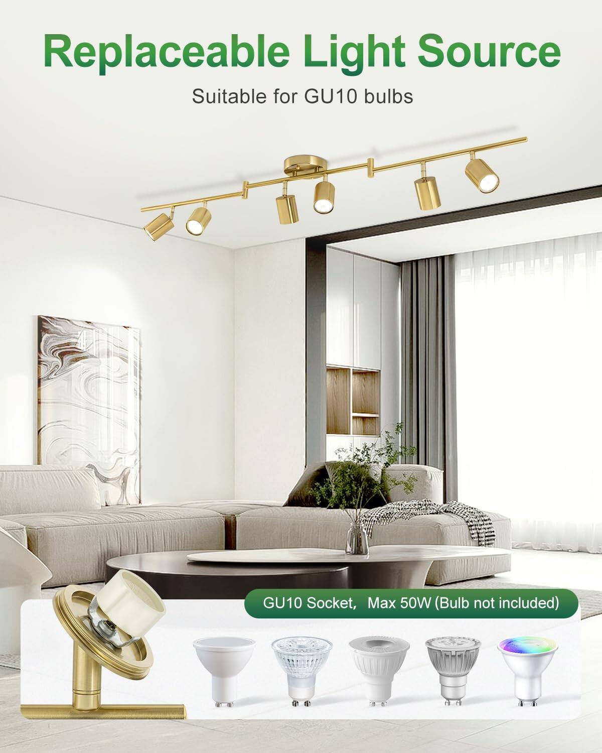 Replaceable Light Source  
Suitable for GU10 bulbs  

GU10 Socket, Max 50W (Bulb not included)