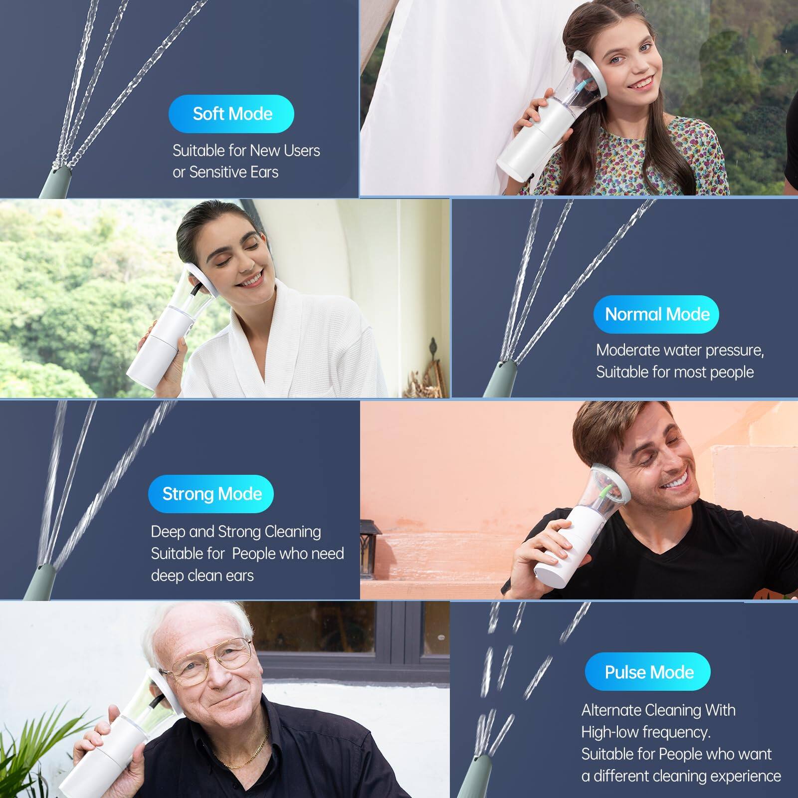 Soft Mode  
Suitable for New Users or Sensitive Ears  

Normal Mode  
Moderate water pressure, Suitable for most people  

Strong Mode  
Deep and Strong Cleaning Suitable for People who need deep clean ears  

Pulse Mode  
Alternate Cleaning With High-low frequency. Suitable for People who want a different cleaning experience