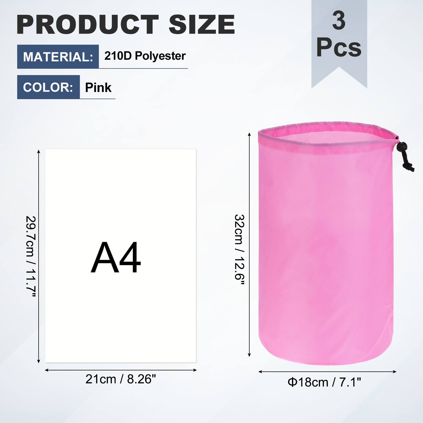 PRODUCT SIZE  
MATERIAL: 210D Polyester  
3 Pcs  
COLOR: Pink  
A4  
21cm / 8.26"  
29.7cm / 11.7"  
32cm / 12.6"  
Φ18cm / 7.1"
