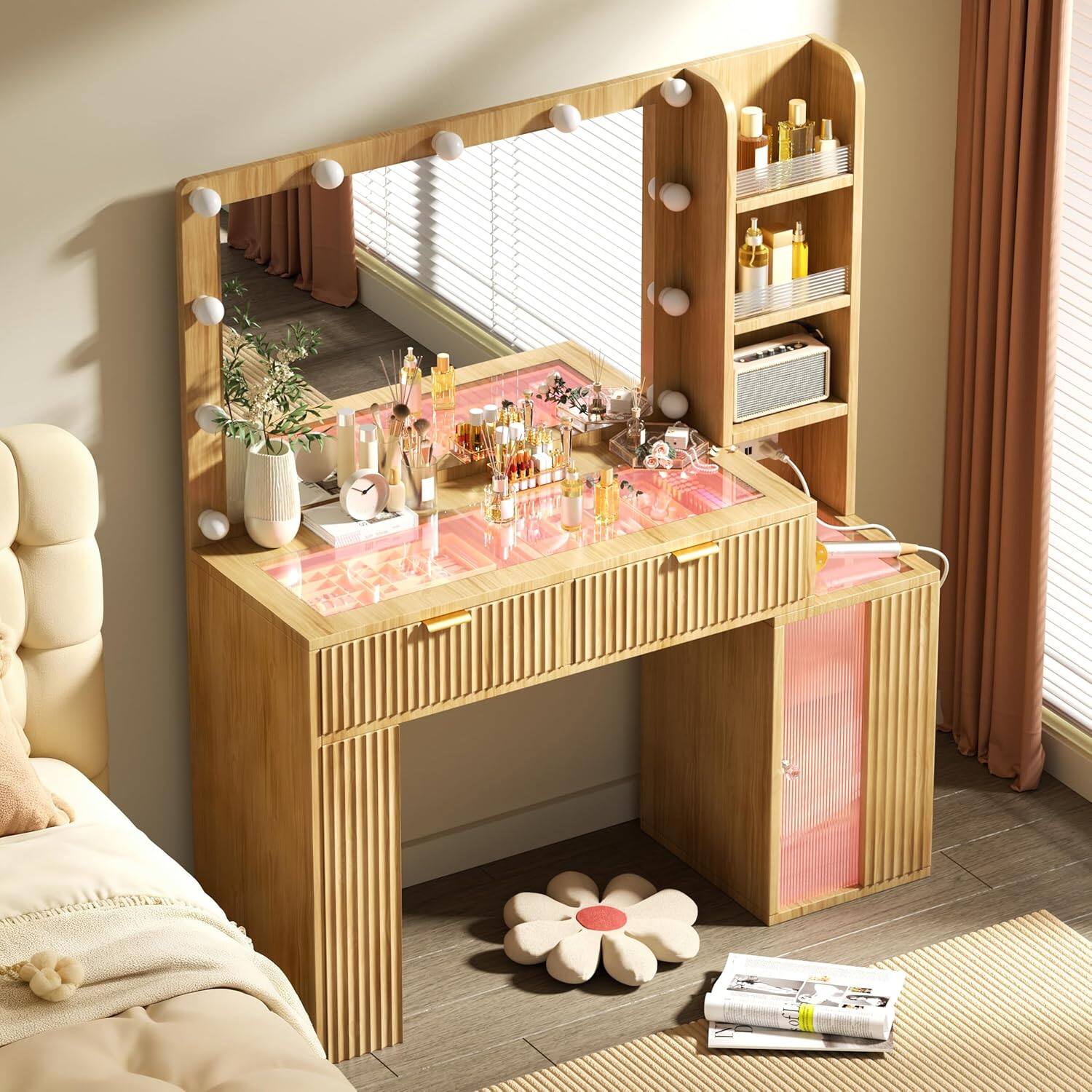 Alt View 5. DIYSET - DIYSET 47" Fluted Makeup Vanity, 37" Mirror with RGB & Hollywood Lights, 2 Lighted Drawers, 5 Shelves, Charging Station - Oka Wood.