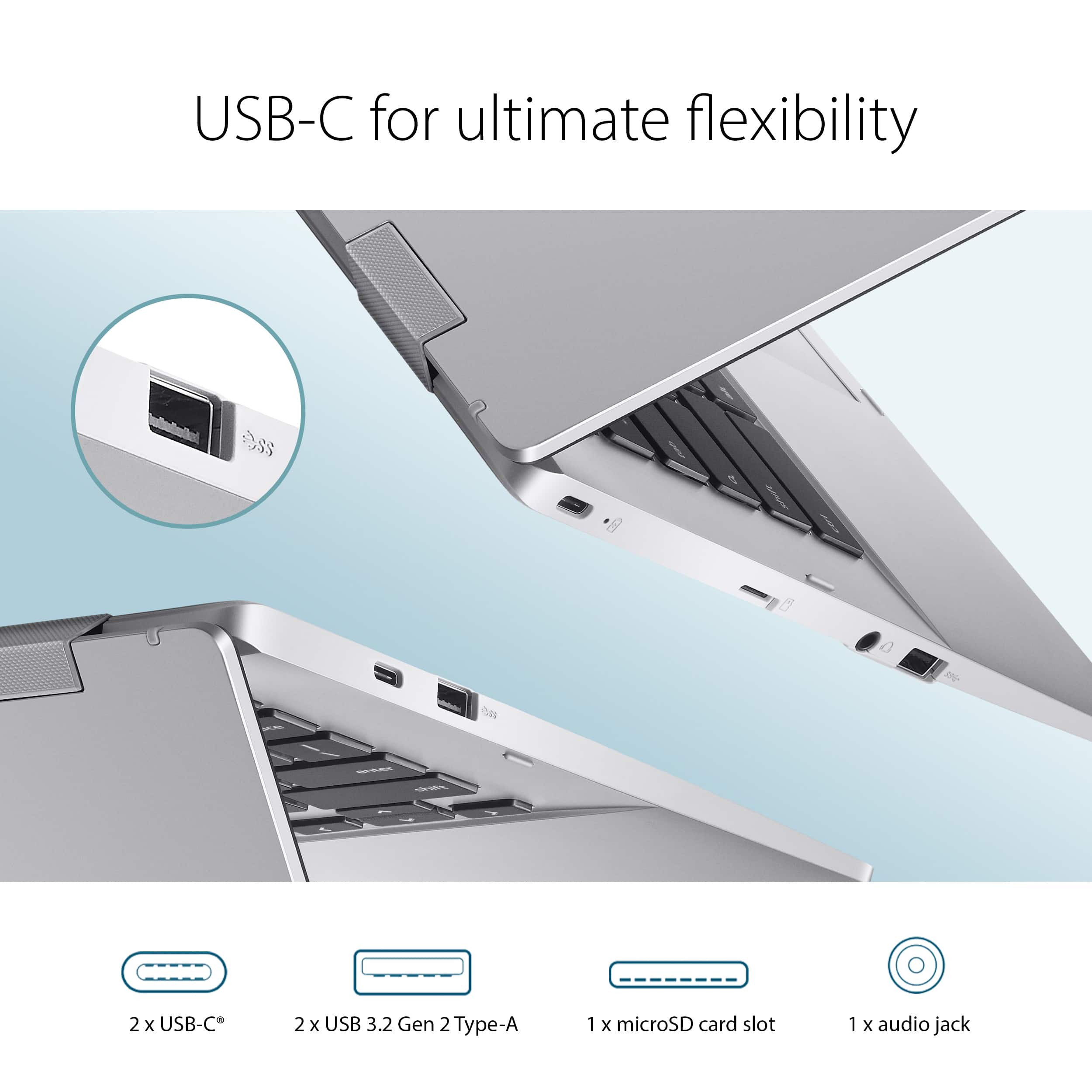 USB-C for ultimate flexibility
2 x USB-C
2 x USB 3.2 Gen 2 Type-A
1 x microSD card slot
1 x audio jack