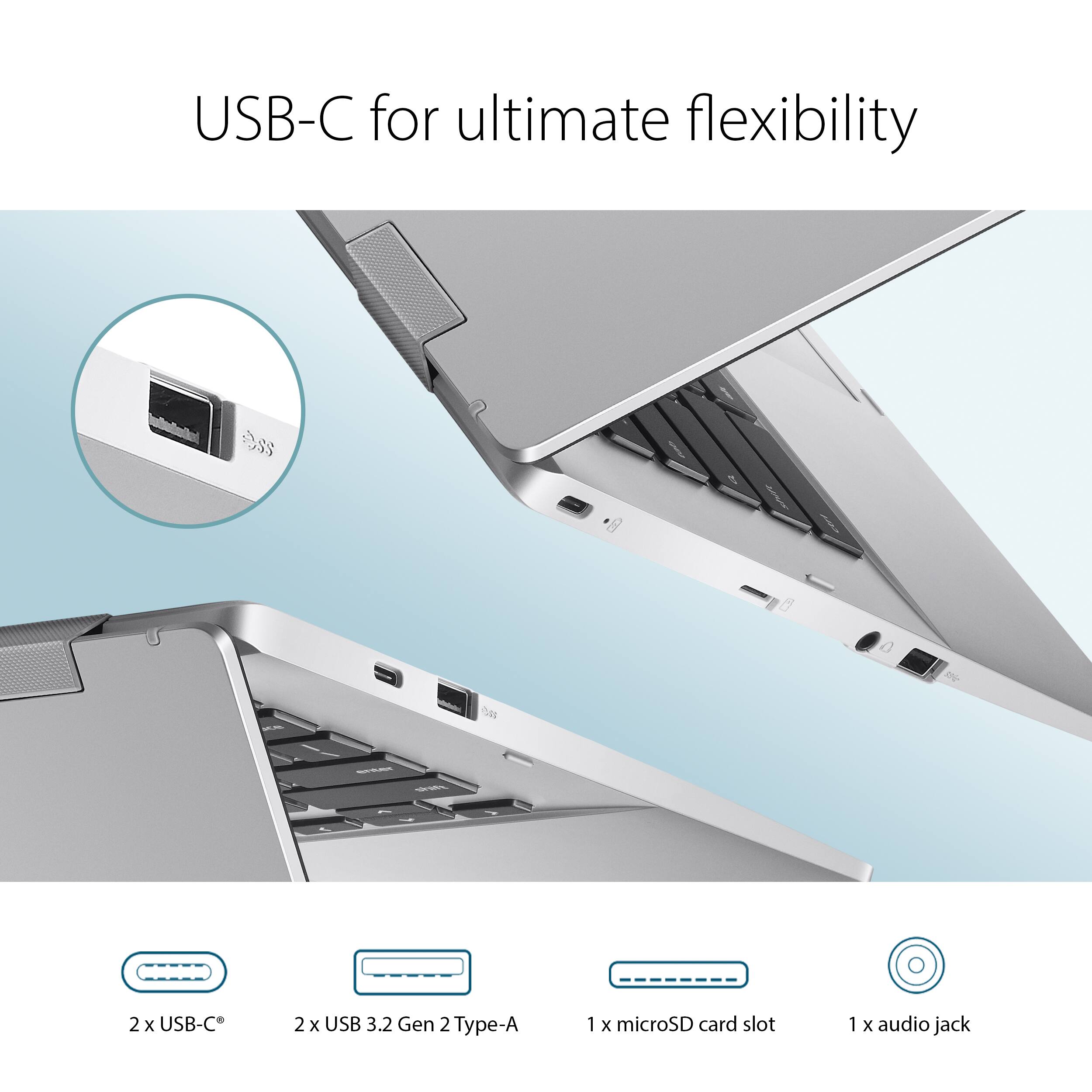 USB-C for ultimate flexibility

2 x USB-C  
2 x USB 3.2 Gen 2 Type-A  
1 x microSD card slot  
1 x audio jack
