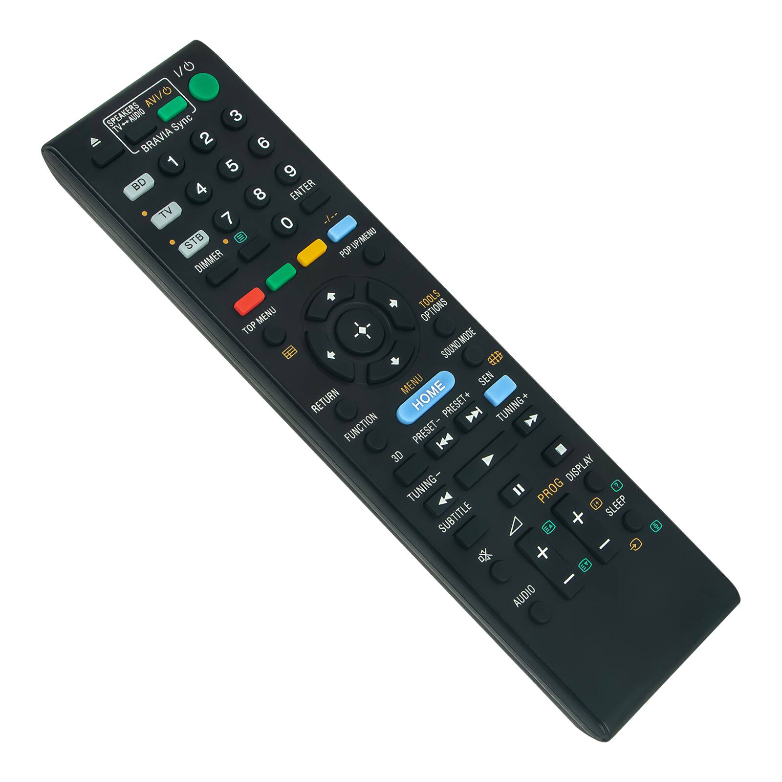 Q/I IV SPEAKERS TV++ - AUDIO Sync 3 BRAVIA 2 6 5 9 BD 4 ENTER 8 TV 7 0 STB POP UP/MENU DIMMER TOOLS S TOP MENU OPTIONS MODE SOUND MENU SEN HOME + & RETURN PRESET TUNING FUNCTION PRESET- 3D TUNING- DISPLAY PROG SLEEP SUBTITLE X AUDIO