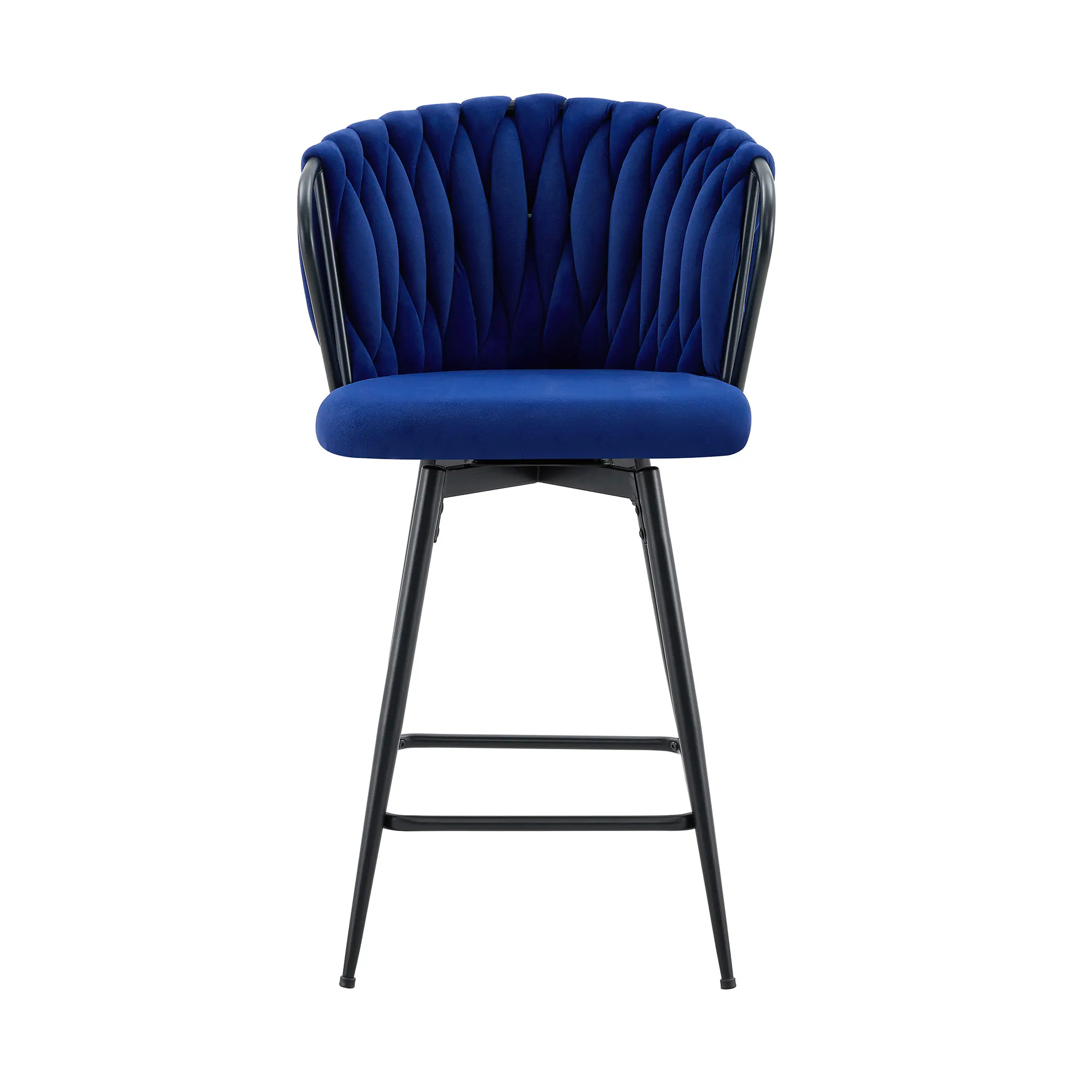 Alt View 5. Loheer - Loheer Counter Height Bar Stools Set of 2, Blue Velvet Bar Stools with Braided Back, Metal Frame, 3 ft - Black,Blue.