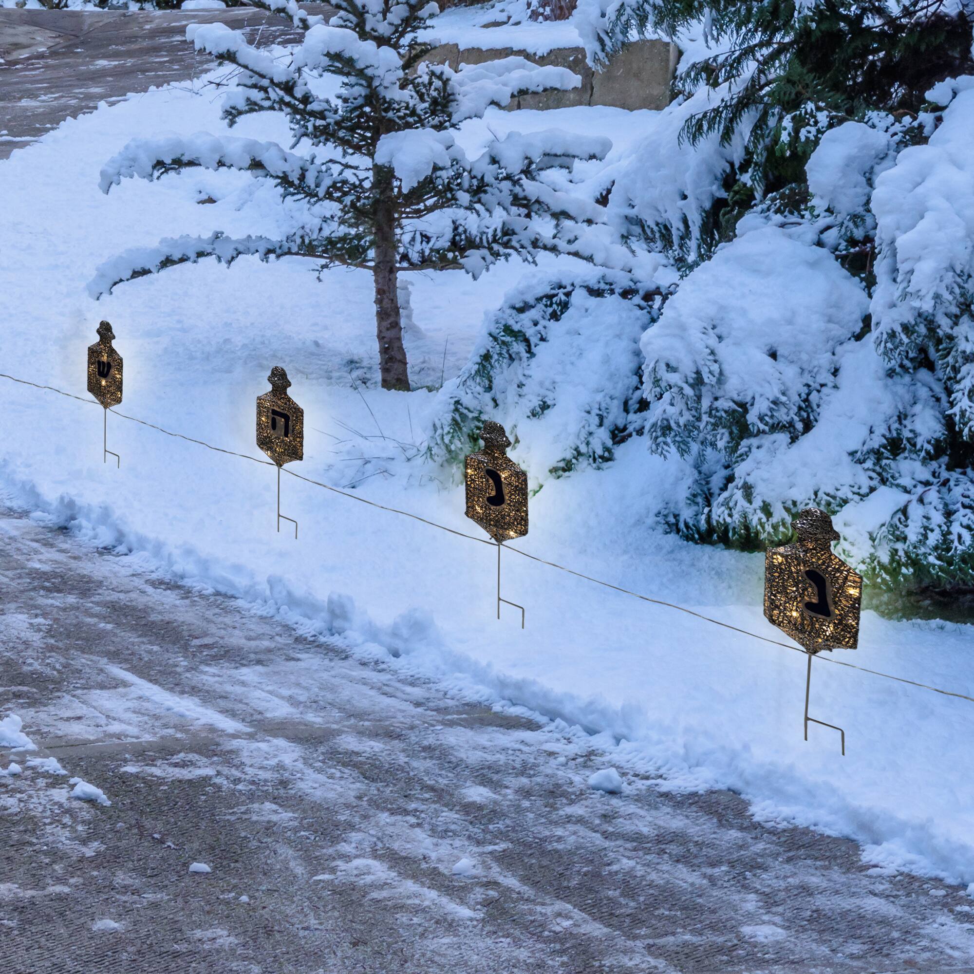 Front. Northlight - LED Lighted Dreidel Hanukkah Outdoor Pathway Markers - 10.75" - Set of 4 - Silver.