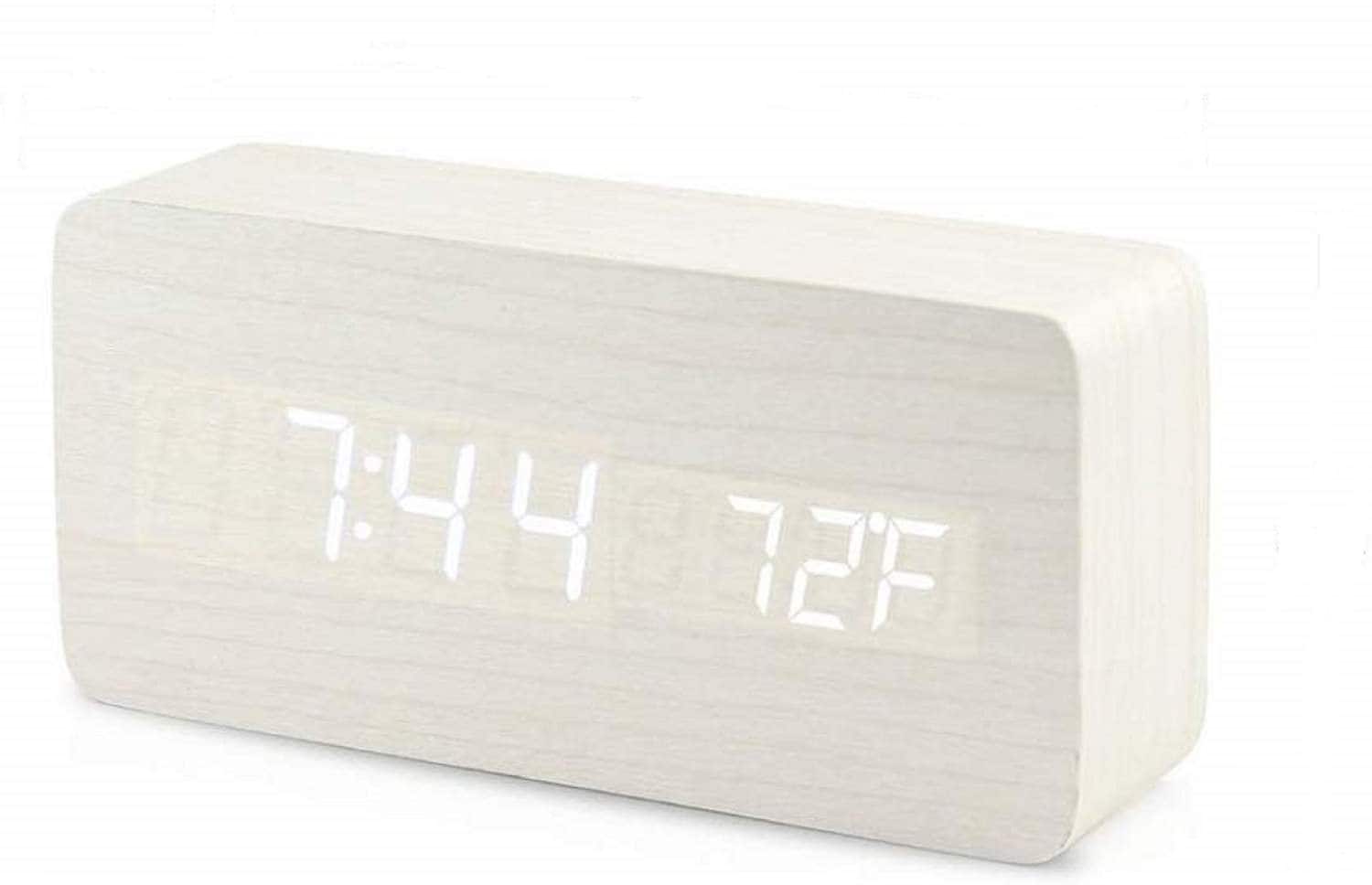 Auledio - Multi Functional LED Alarm Clock, Wooden Digital Clock with Temperature Display, Suitable for Home Office - White