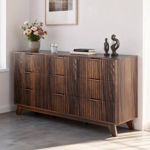 Alt View 7. Winado - 57"L Fluted Chest of Dresser Drawers with 9 Drawers Wide Boho Wood Chest of Drawers Organizer for Living Room Bedroom - Walnut.