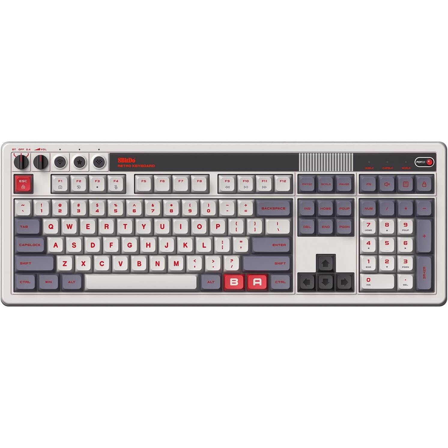 Sure, here is the corrected and grouped text from the image:

- ESC
- F1 F2 F3 F4 F5 F6 F7 F8 F9 F10 F11 F12
- 1 2 3 4 5 6 7 8 9 0 - = BACKSPACE
- TAB Q W E R T Y U I O P
- CAPSLOCK A S D F G H J K L ; '
- SHIFT Z X C V B N M , . / SHIFT
- CTRL WIN ALT
- INS HOME PGUP
- NUM / * -
- 7 8 9 + ENTER
- 4 5 6
- 1 2 3
- 0 . DEL
- CTRL ALT
- PRINT SCRN PAUSE
- VOL
- BT OFF ON
- SOUNDS RETRO KEYBOARD
- OPEN