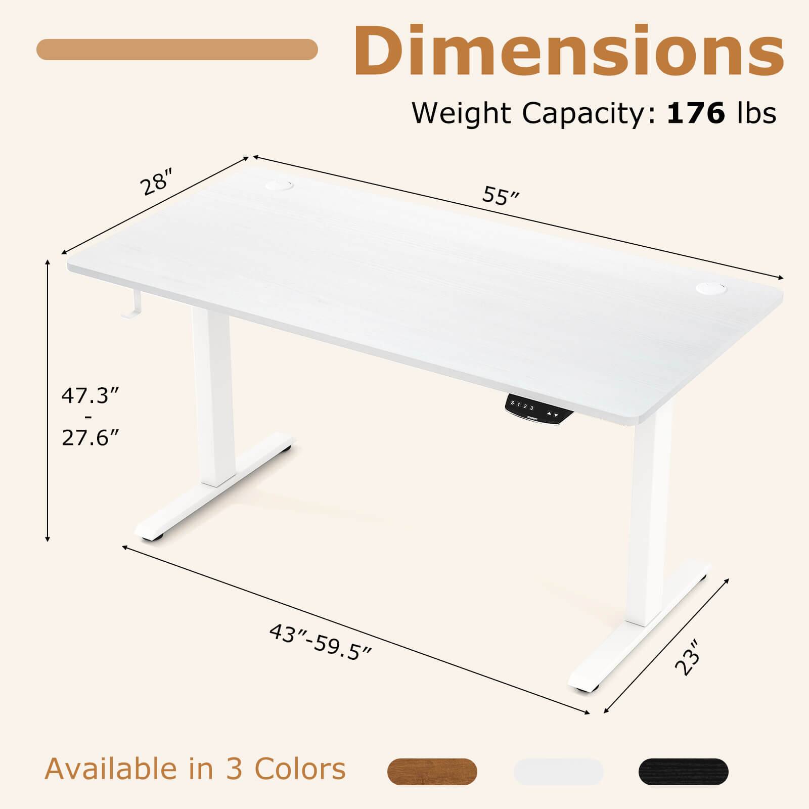 Dimensions  
Weight Capacity: 176 lbs  
28" x 55"  
47.3" x 27.6"  
43"-59.5" x 23"  
Available in 3 Colors