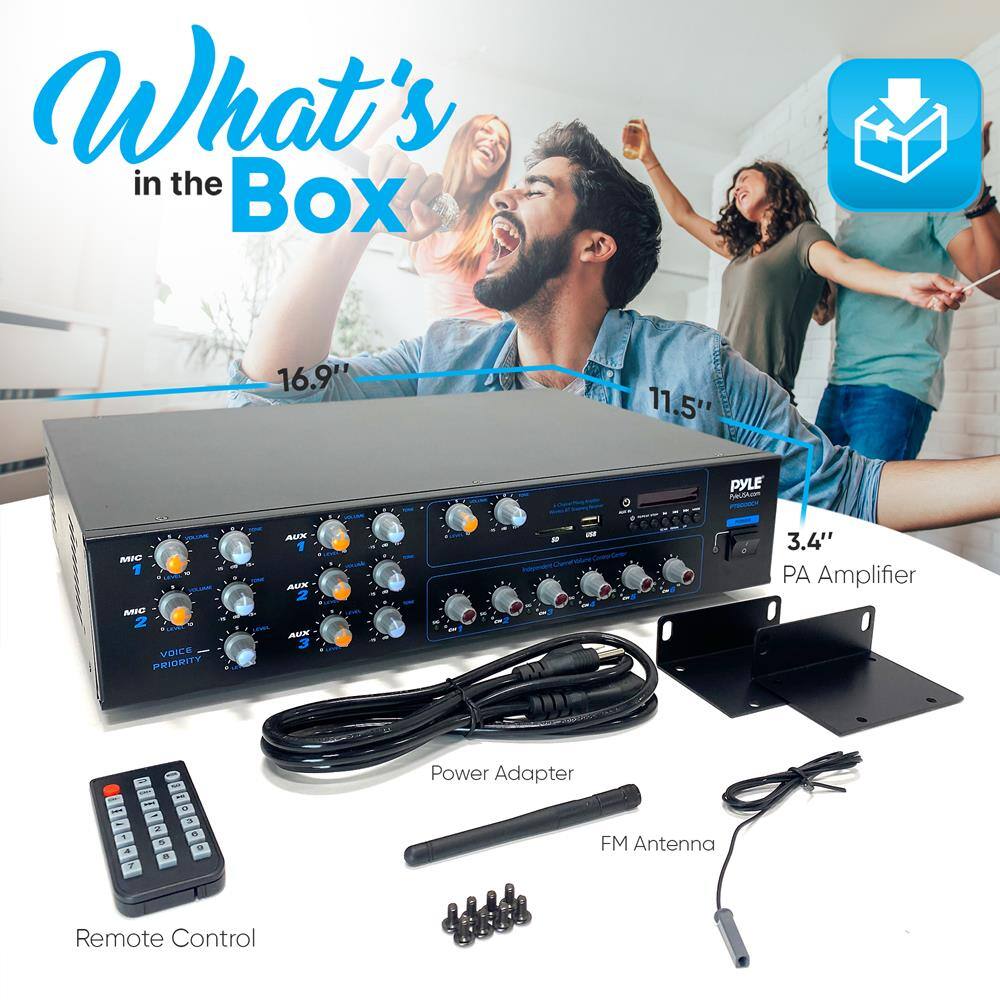 What's in the Box

- 16.9" x 11.5" x 3.4" PA Amplifier
- Power Adapter
- FM Antenna
- Remote Control